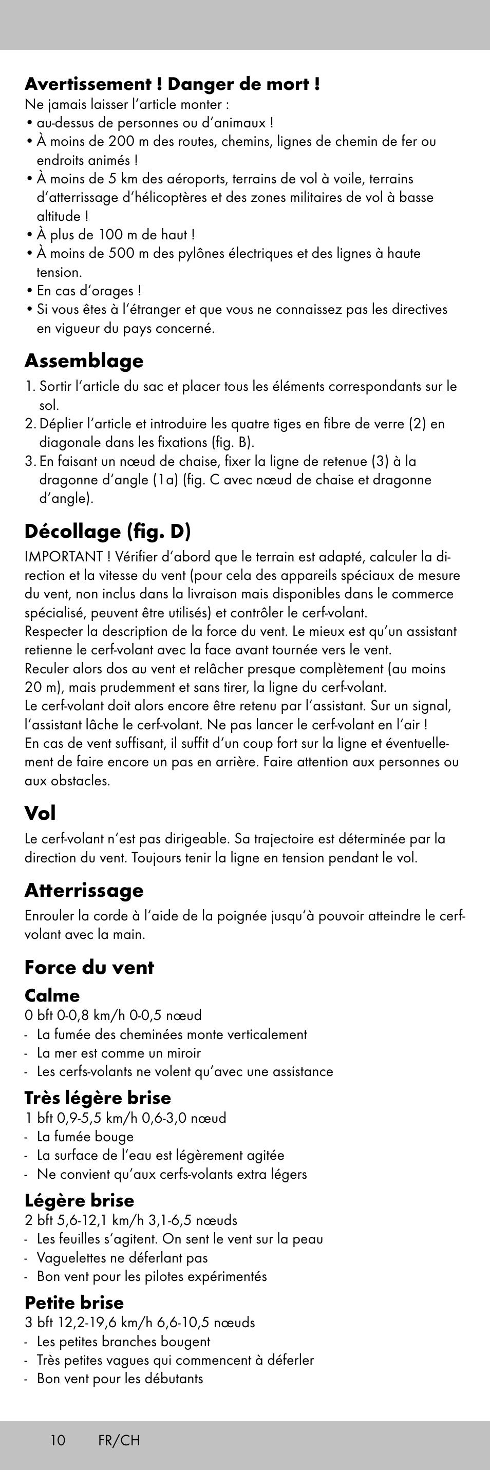 Assemblage, Décollage (fig. d), Atterrissage | Force du vent | Playtive KITE StyleA User Manual | Page 10 / 24