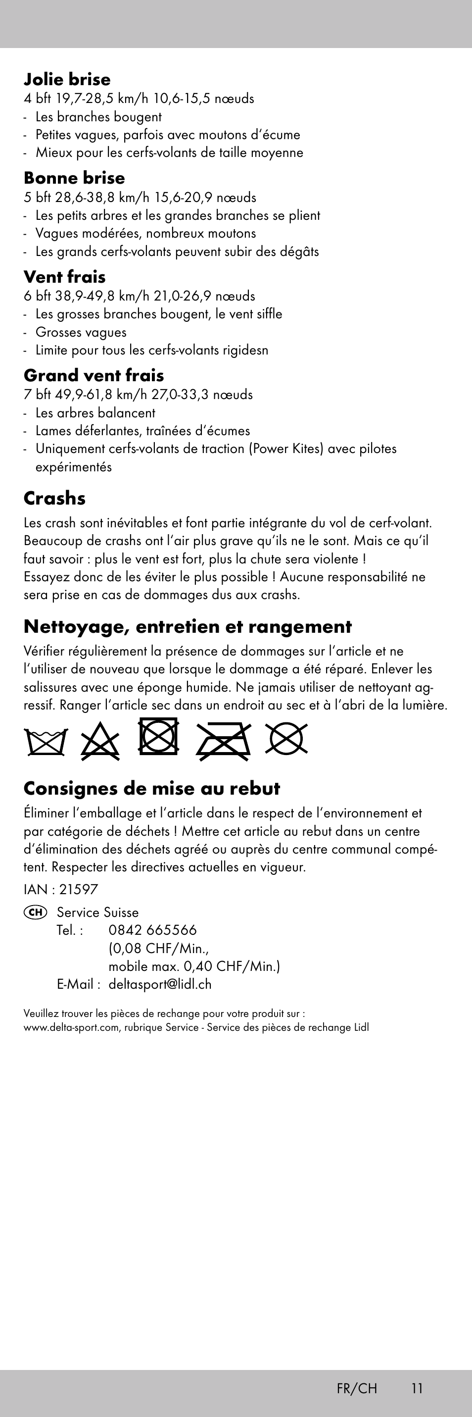 Crashs, Nettoyage, entretien et rangement, Consignes de mise au rebut | Jolie brise, Bonne brise, Vent frais, Grand vent frais | Playtive KITE StyleA User Manual | Page 11 / 24