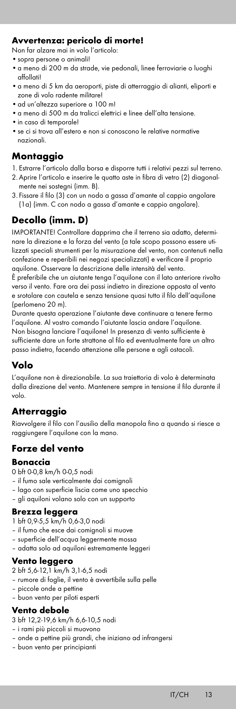 Montaggio, Decollo (imm. d), Volo | Atterraggio, Forze del vento | Playtive KITE StyleA User Manual | Page 13 / 24