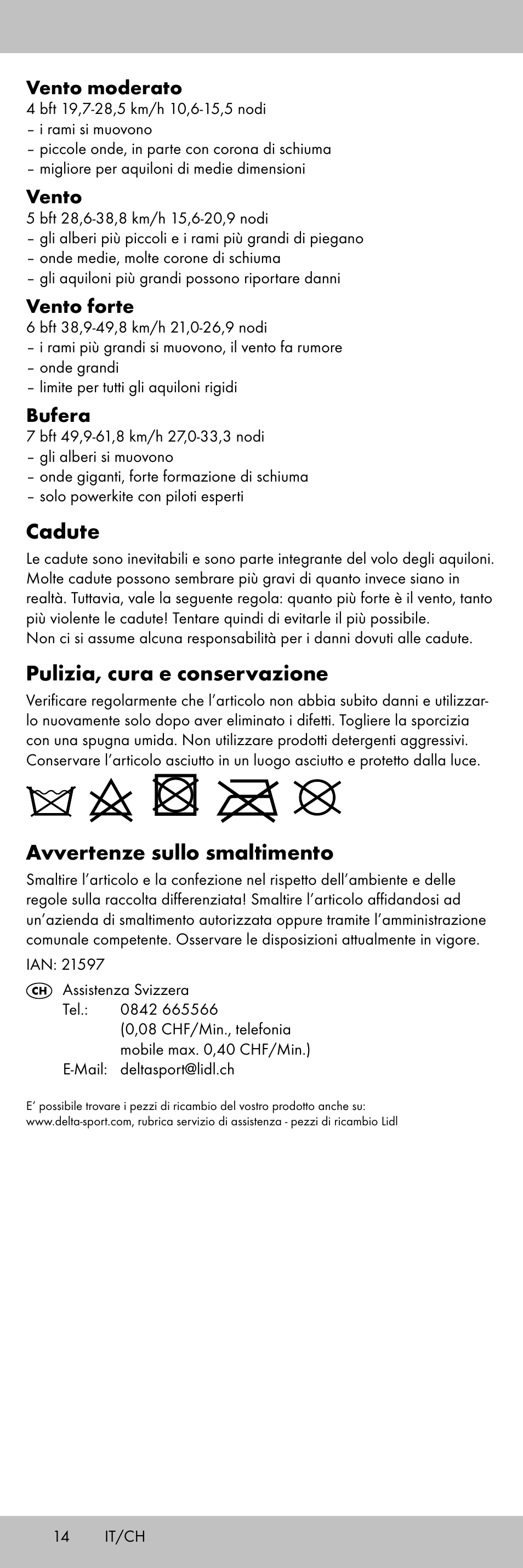 Cadute, Pulizia, cura e conservazione, Avvertenze sullo smaltimento | Vento moderato, Vento, Vento forte, Bufera | Playtive KITE StyleA User Manual | Page 14 / 24