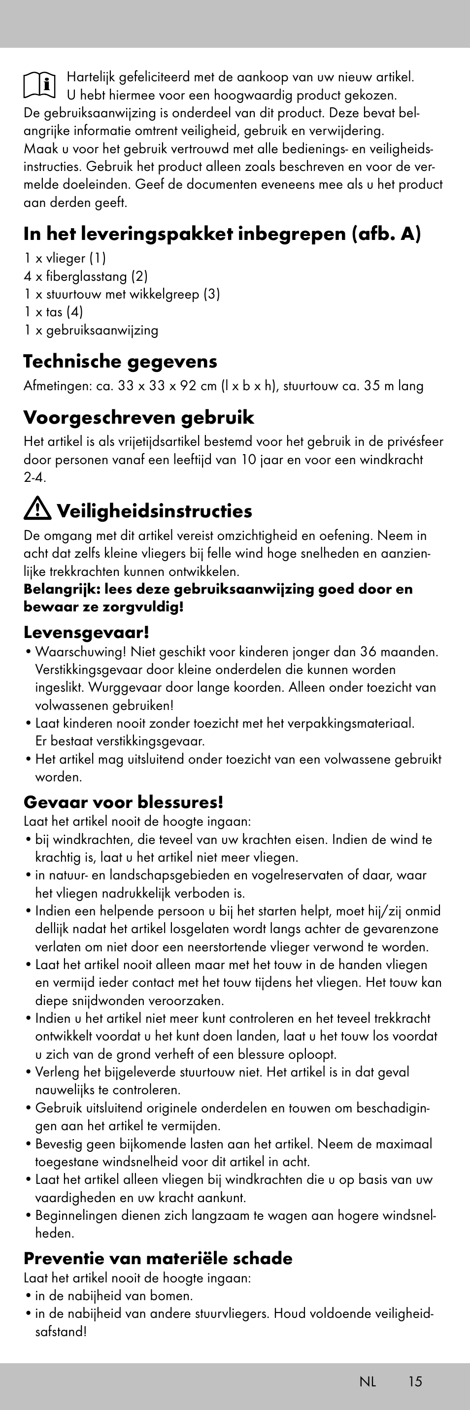 Technische gegevens, Voorgeschreven gebruik, Veiligheidsinstructies | Levensgevaar, Gevaar voor blessures, Preventie van materiële schade | Playtive KITE StyleA User Manual | Page 15 / 24