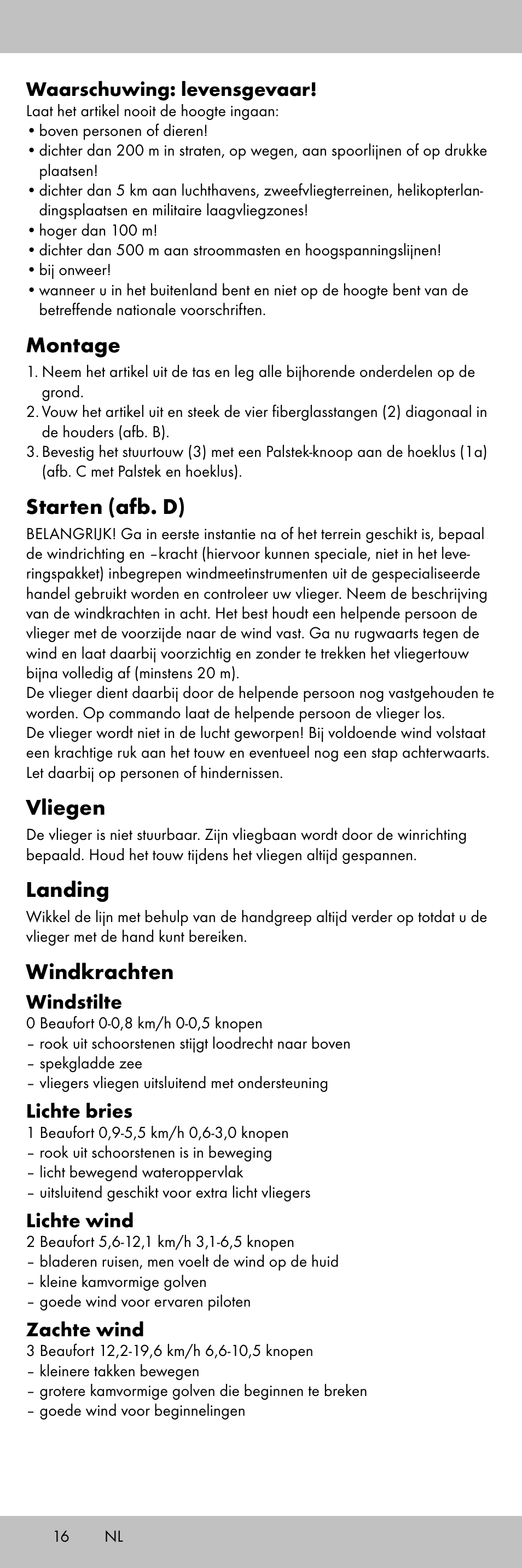 Montage, Starten (afb. d), Vliegen | Landing, Windkrachten | Playtive KITE StyleA User Manual | Page 16 / 24