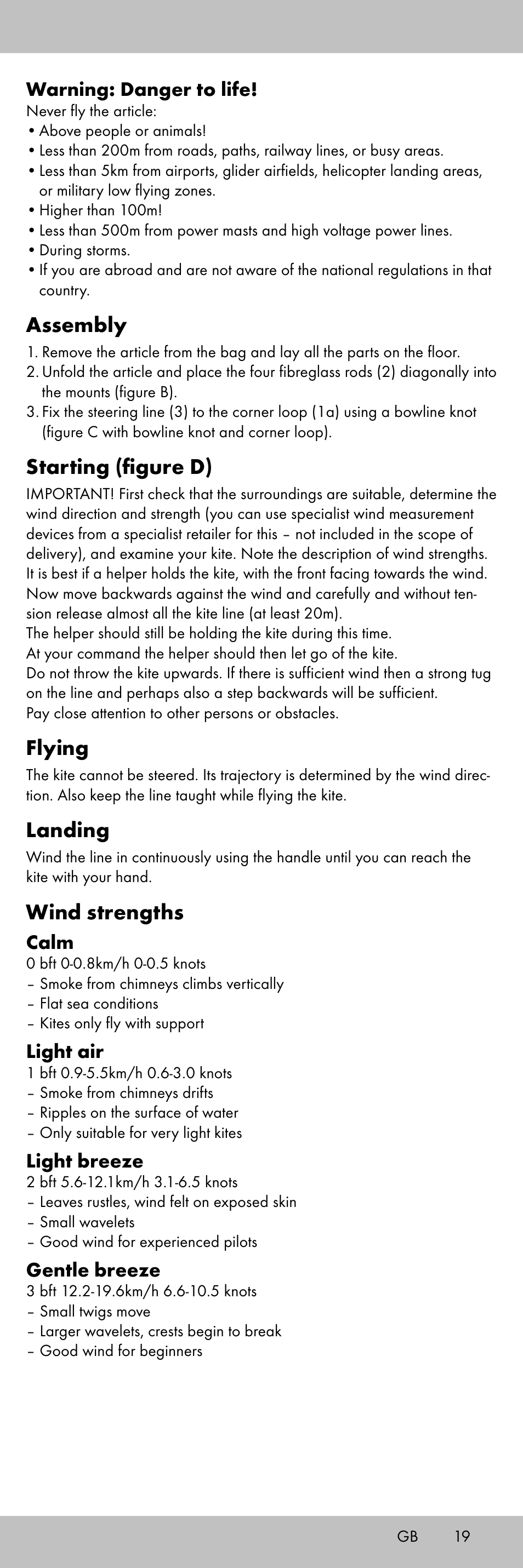 Assembly, Starting (figure d), Flying | Landing, Wind strengths | Playtive KITE StyleA User Manual | Page 19 / 24