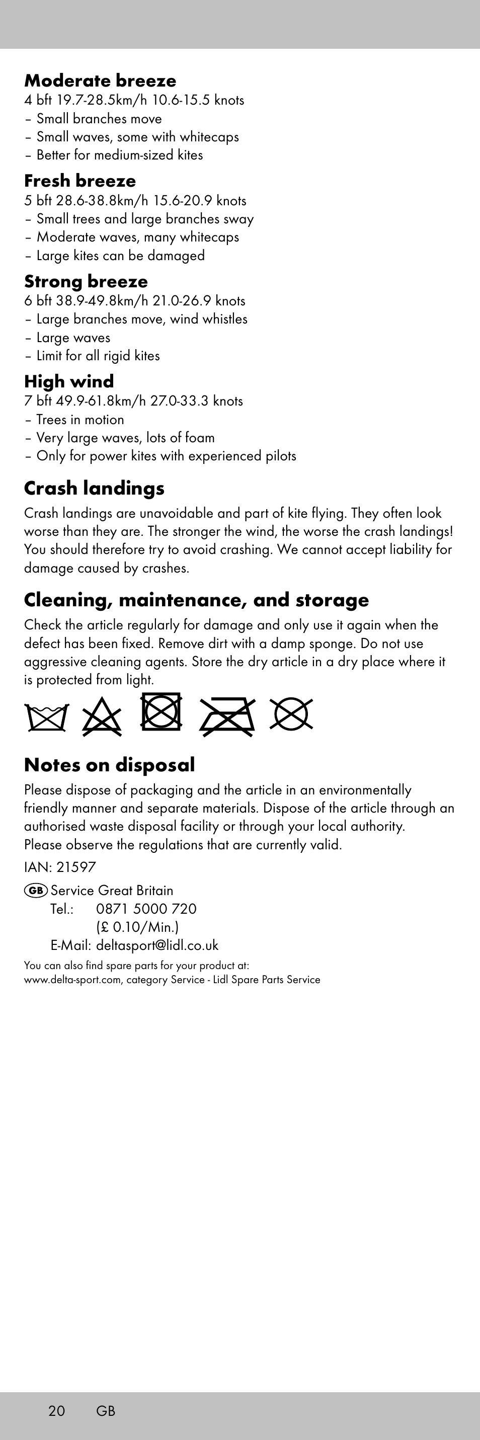 Crash landings, Cleaning, maintenance, and storage, Moderate breeze | Fresh breeze, Strong breeze, High wind | Playtive KITE StyleA User Manual | Page 20 / 24