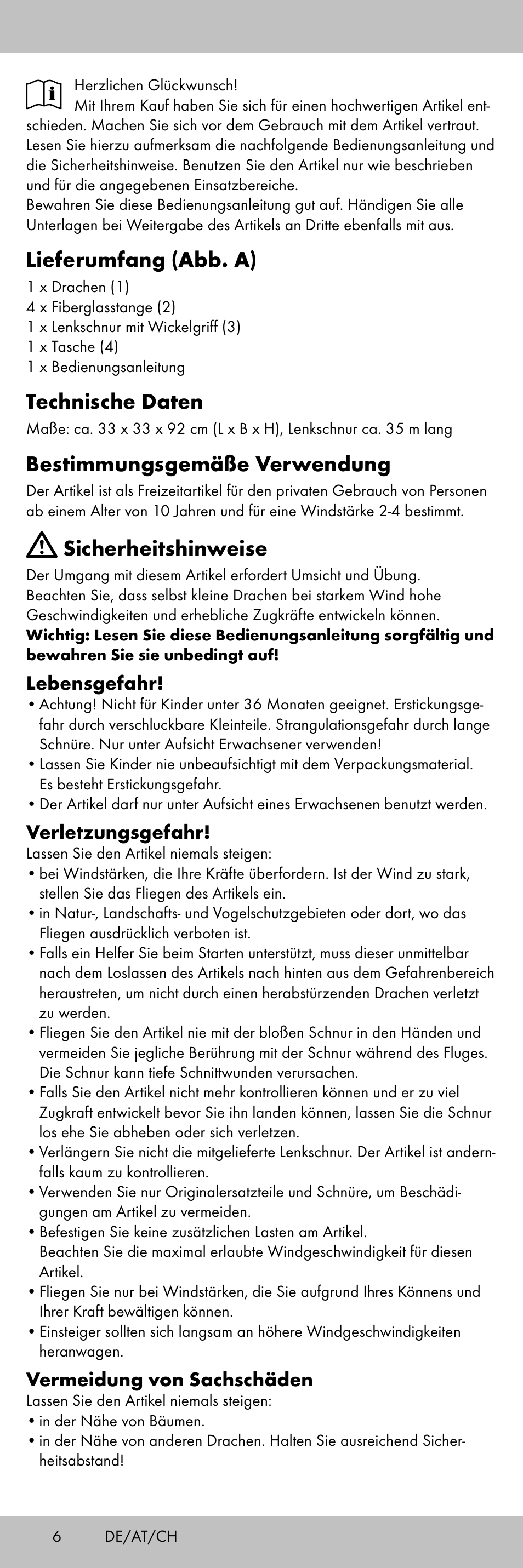 Lieferumfang (abb. a), Technische daten, Bestimmungsgemäße verwendung | Sicherheitshinweise, Lebensgefahr, Verletzungsgefahr, Vermeidung von sachschäden | Playtive KITE StyleA User Manual | Page 6 / 24