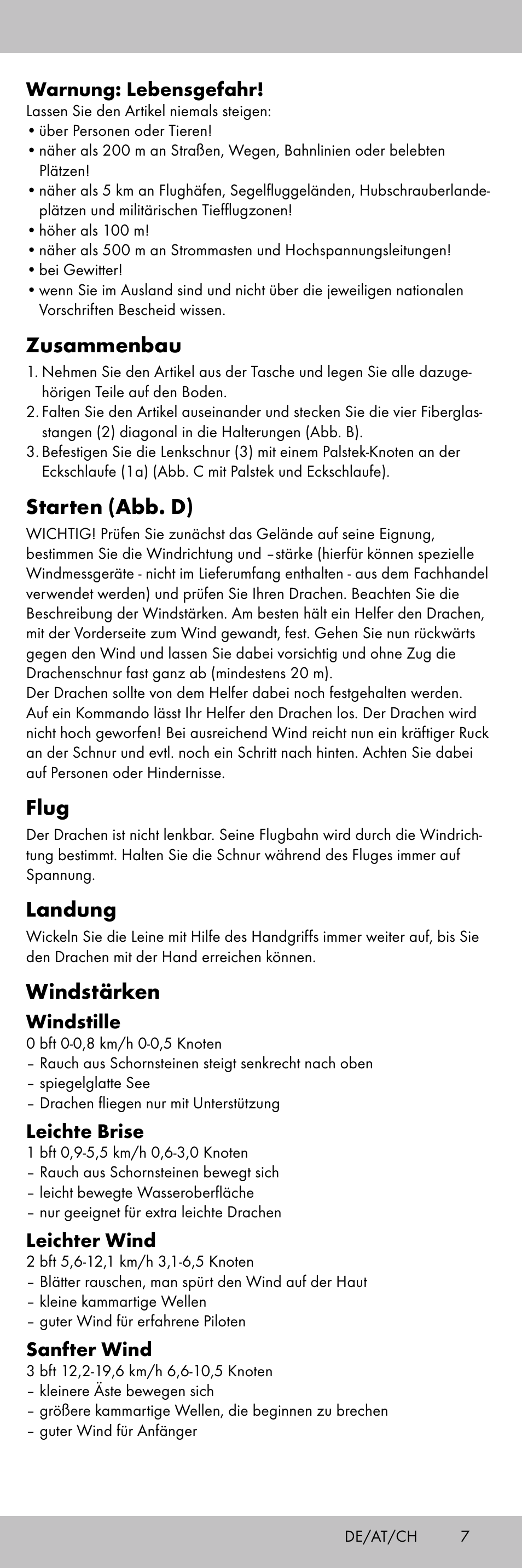 Zusammenbau, Starten (abb. d), Flug | Landung, Windstärken | Playtive KITE StyleA User Manual | Page 7 / 24