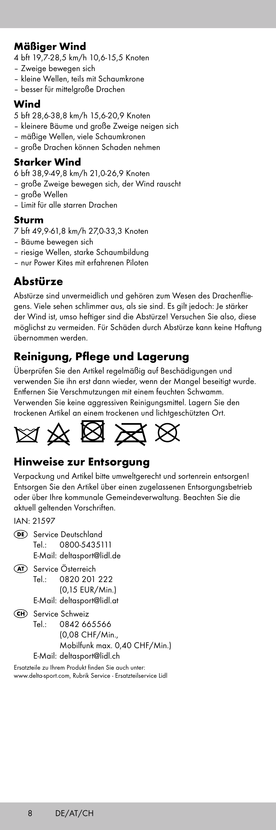 Abstürze, Reinigung, pflege und lagerung, Hinweise zur entsorgung | Mäßiger wind, Wind, Starker wind, Sturm | Playtive KITE StyleA User Manual | Page 8 / 24