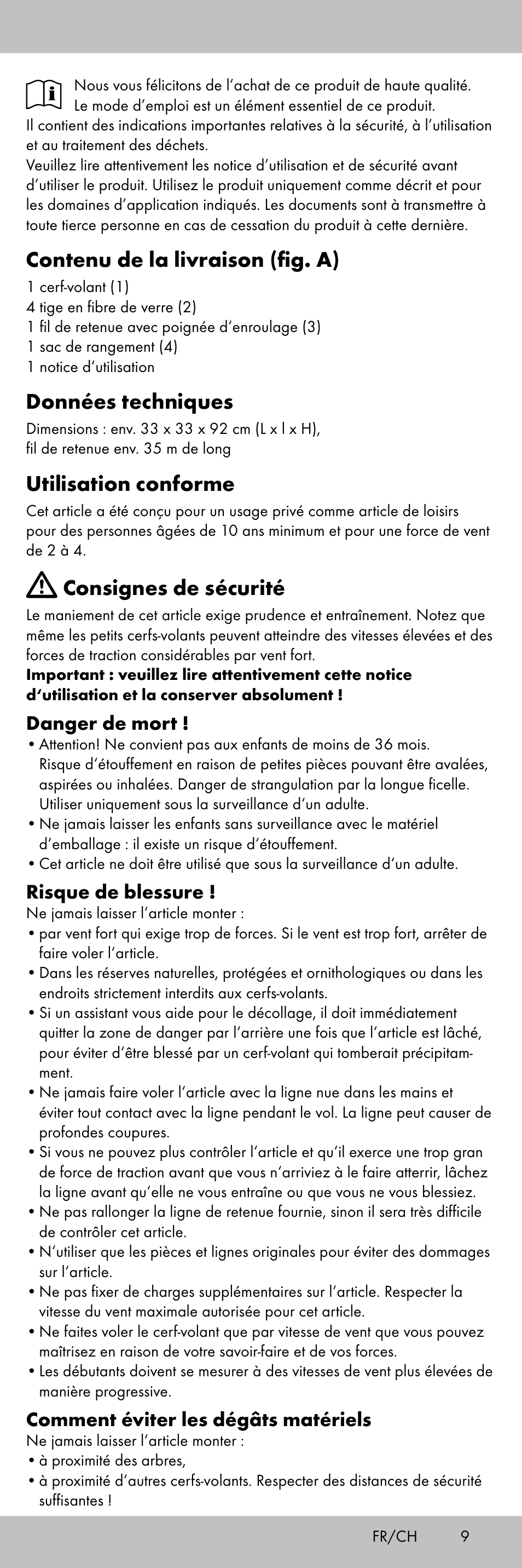 Contenu de la livraison (fig. a), Données techniques, Utilisation conforme | Consignes de sécurité, Danger de mort, Risque de blessure, Comment éviter les dégâts matériels | Playtive KITE StyleA User Manual | Page 9 / 24