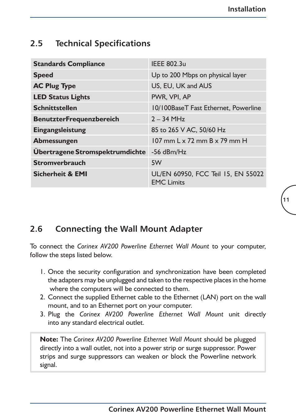 6 connecting the wall mount adapter, 5 technical specifications | Corinex AV200 User Manual | Page 13 / 50