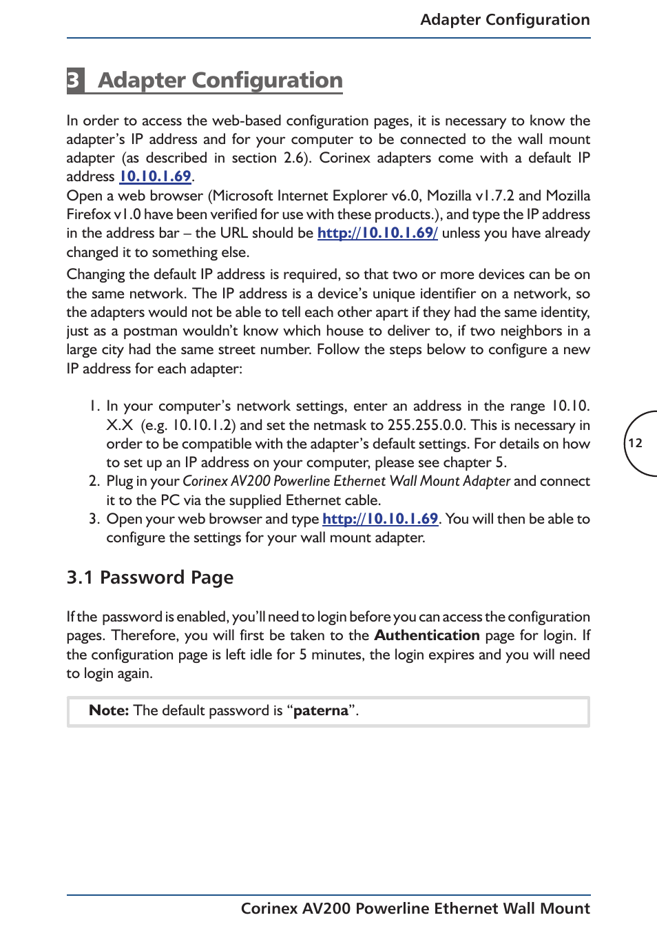 3adapter configuration, 1 password page | Corinex AV200 User Manual | Page 14 / 50