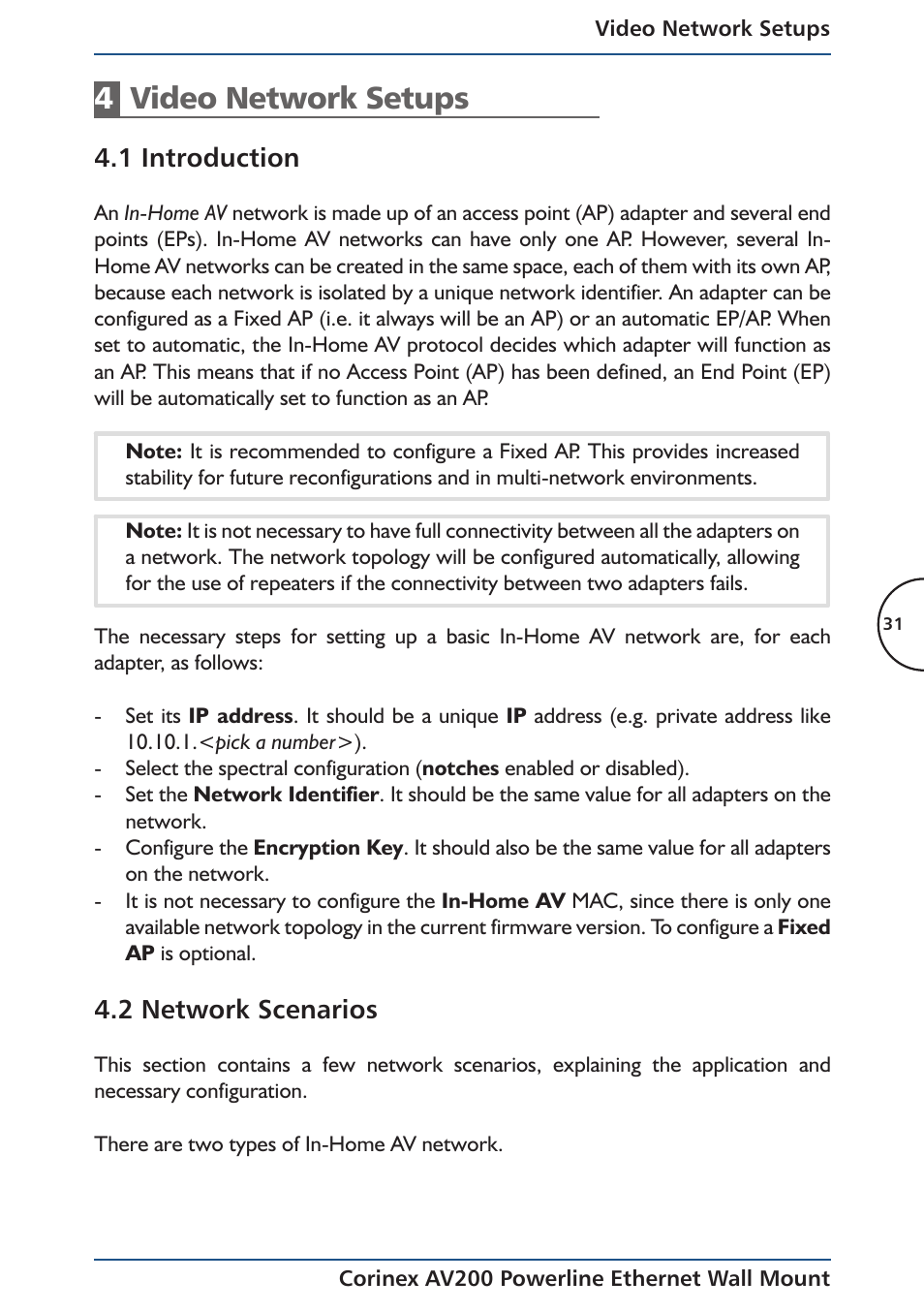 4video network setups, 1 introduction, 2 network scenarios | Corinex AV200 User Manual | Page 33 / 50