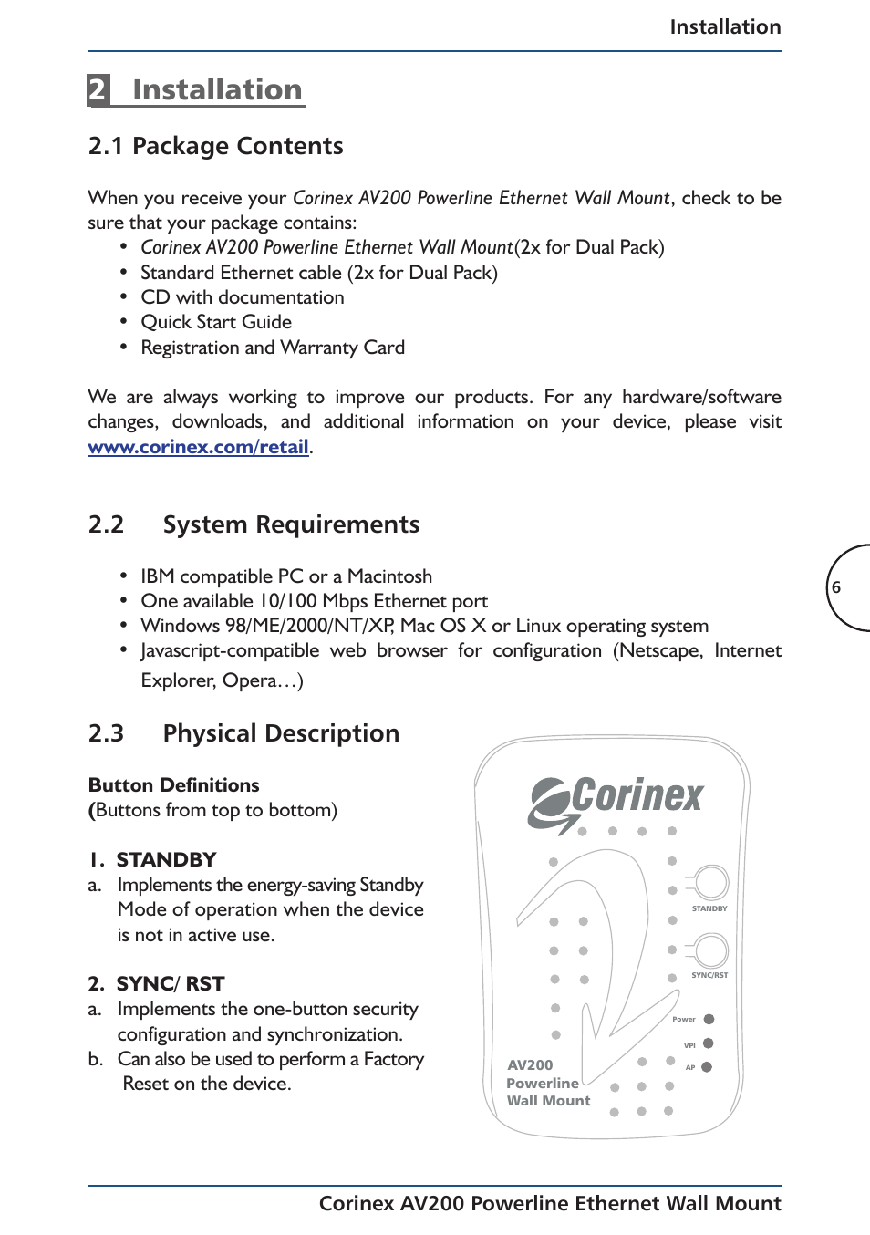 2installation, 1 package contents, 2 system requirements | 3 physical description | Corinex AV200 User Manual | Page 8 / 50