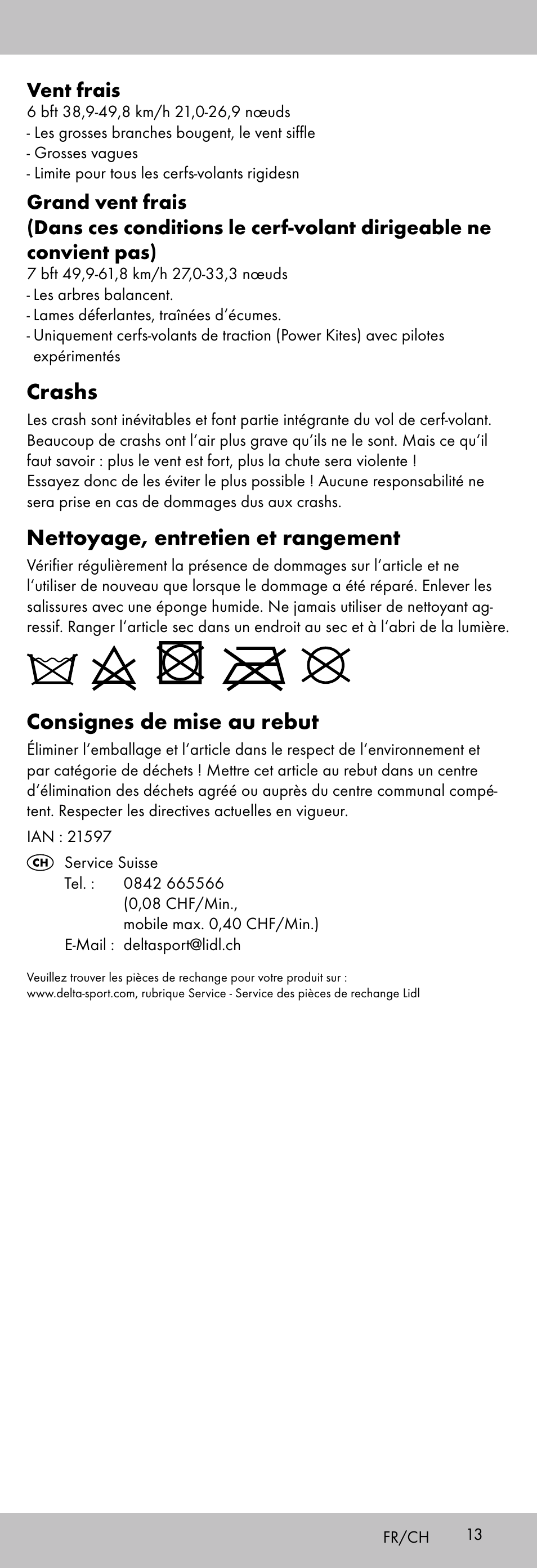 Crashs, Nettoyage, entretien et rangement, Consignes de mise au rebut | Vent frais | Playtive KITE StyleD User Manual | Page 13 / 28