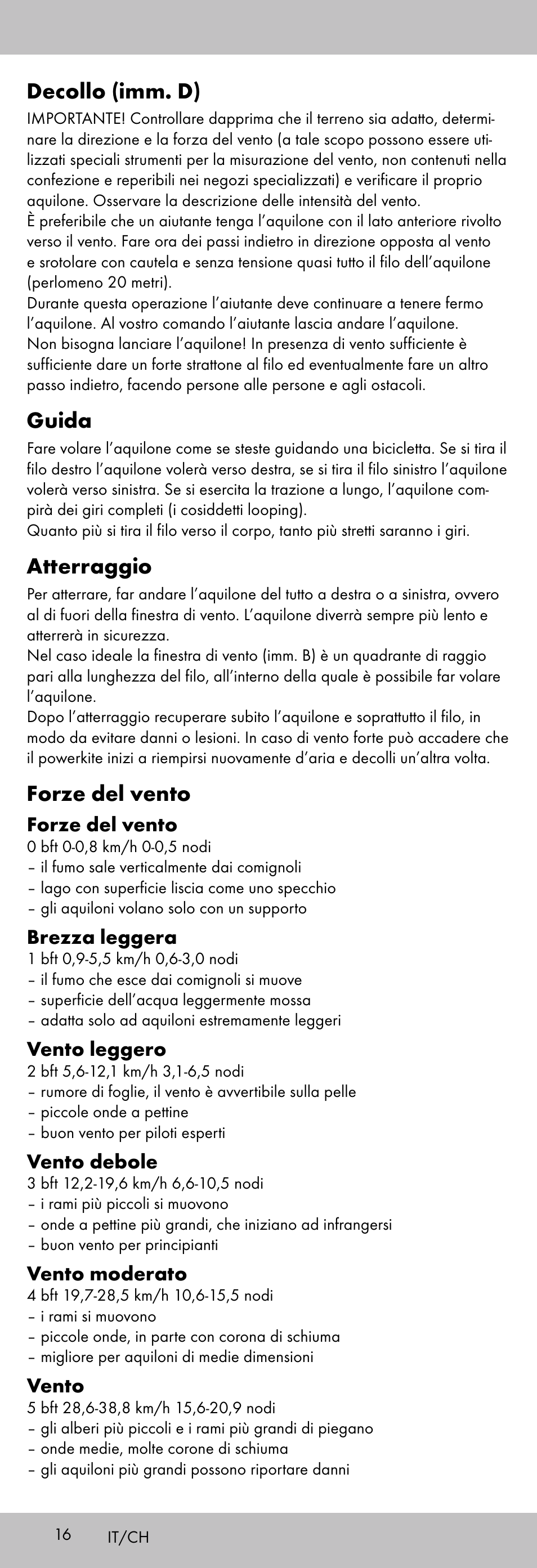 Decollo (imm. d), Guida, Atterraggio | Forze del vento | Playtive KITE StyleD User Manual | Page 16 / 28