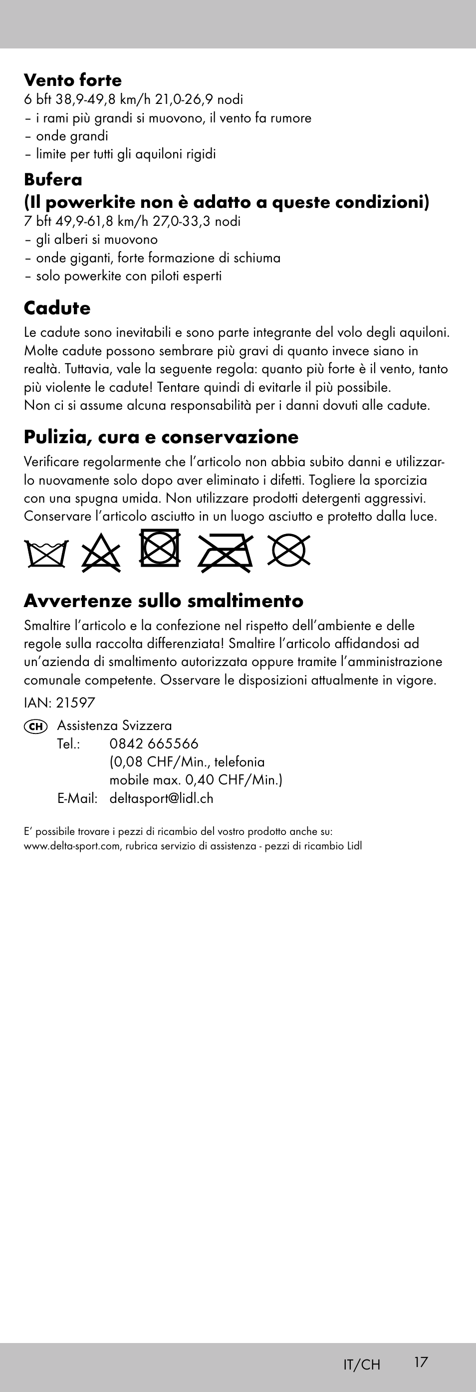 Cadute, Pulizia, cura e conservazione, Avvertenze sullo smaltimento | Vento forte | Playtive KITE StyleD User Manual | Page 17 / 28