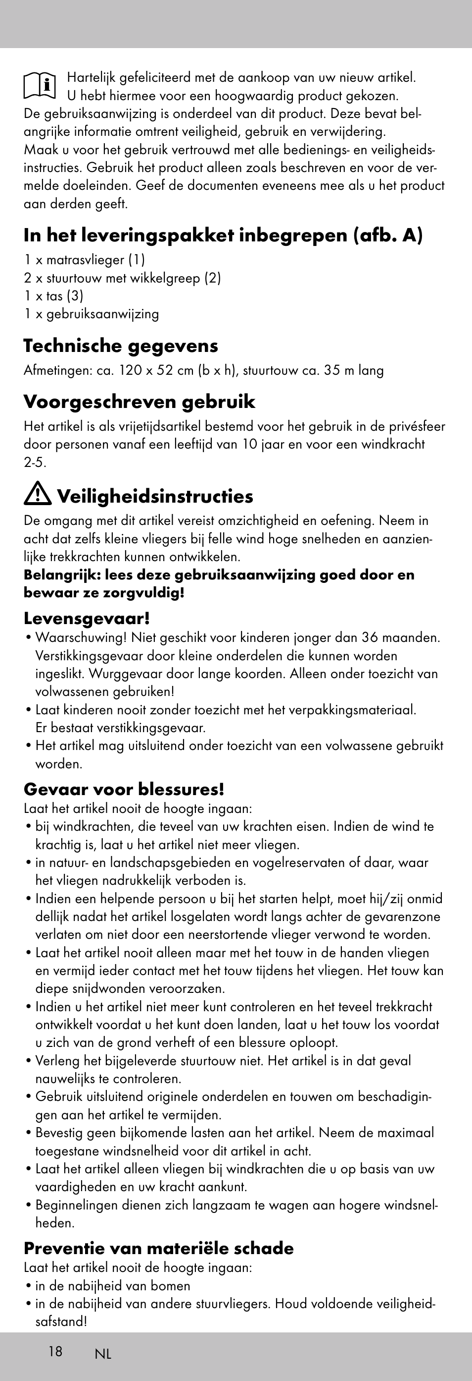 Technische gegevens, Voorgeschreven gebruik, Veiligheidsinstructies | Levensgevaar, Gevaar voor blessures, Preventie van materiële schade | Playtive KITE StyleD User Manual | Page 18 / 28