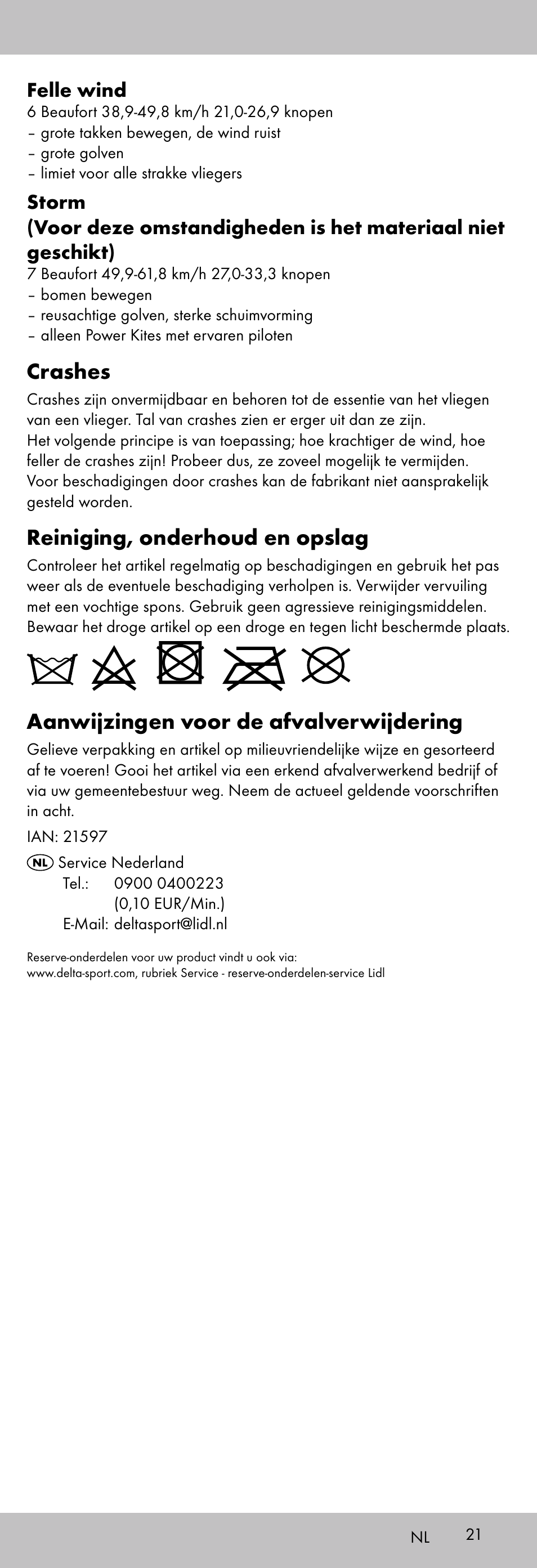 Crashes, Reiniging, onderhoud en opslag, Aanwijzingen voor de afvalverwijdering | Felle wind | Playtive KITE StyleD User Manual | Page 21 / 28