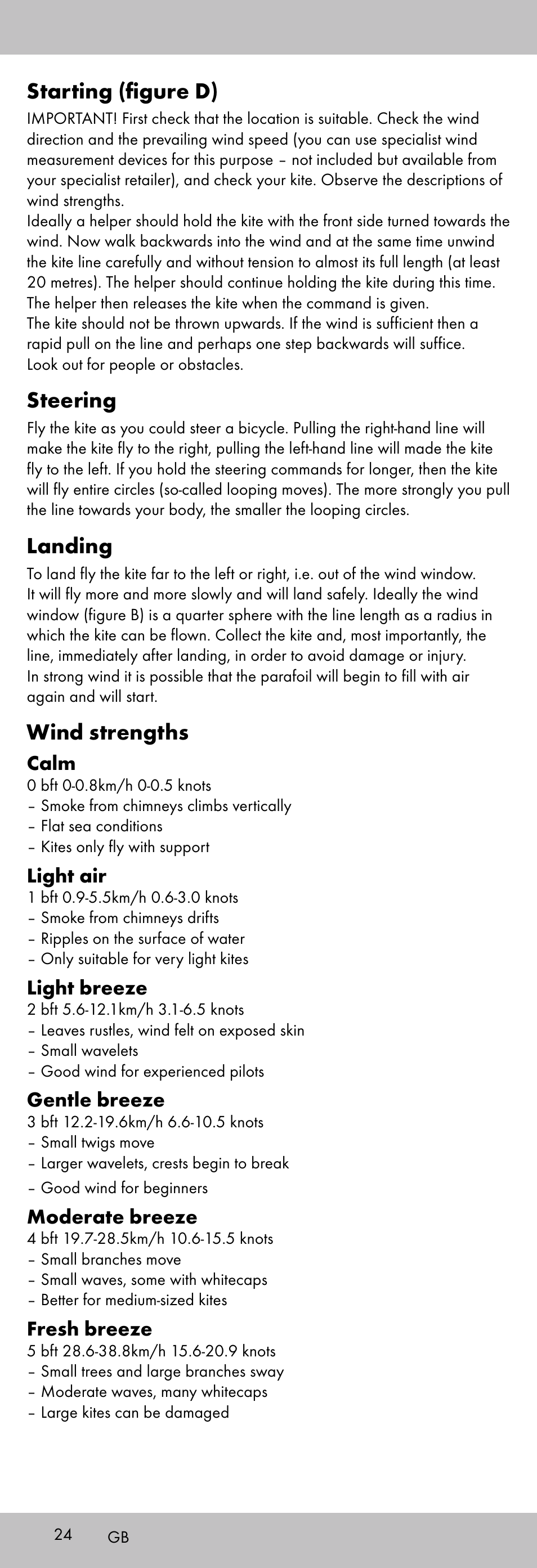 Starting (figure d), Steering, Landing | Wind strengths | Playtive KITE StyleD User Manual | Page 24 / 28