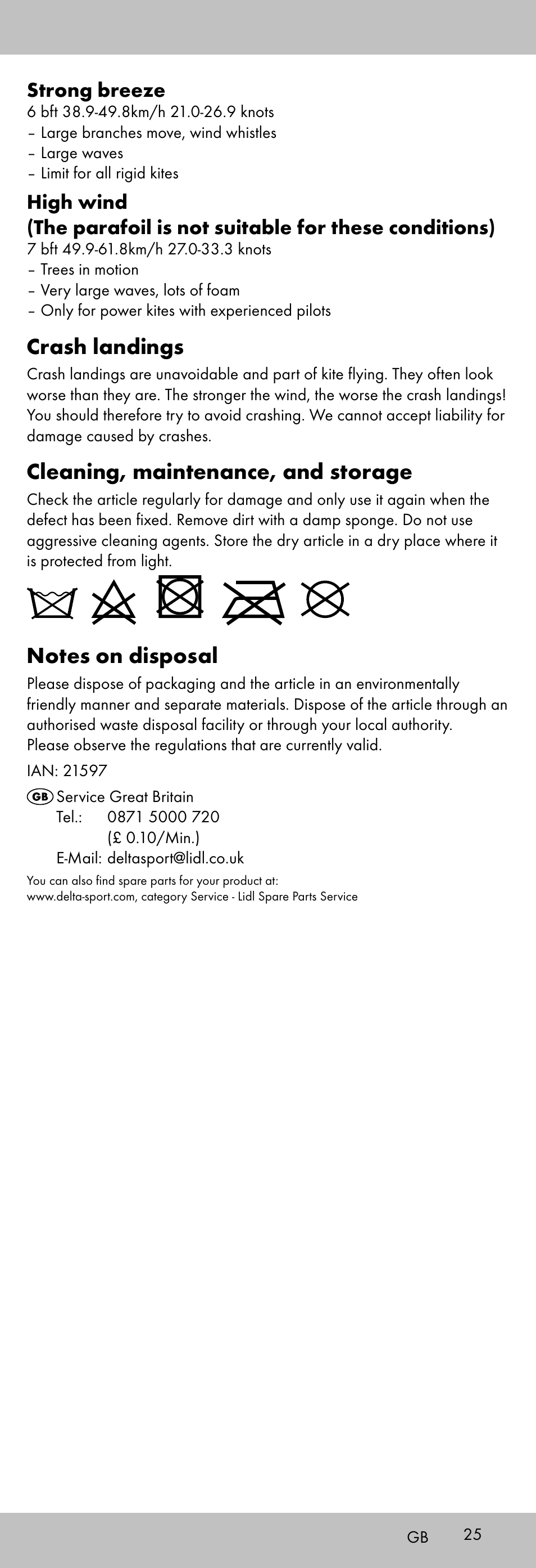 Crash landings, Cleaning, maintenance, and storage, Strong breeze | Playtive KITE StyleD User Manual | Page 25 / 28