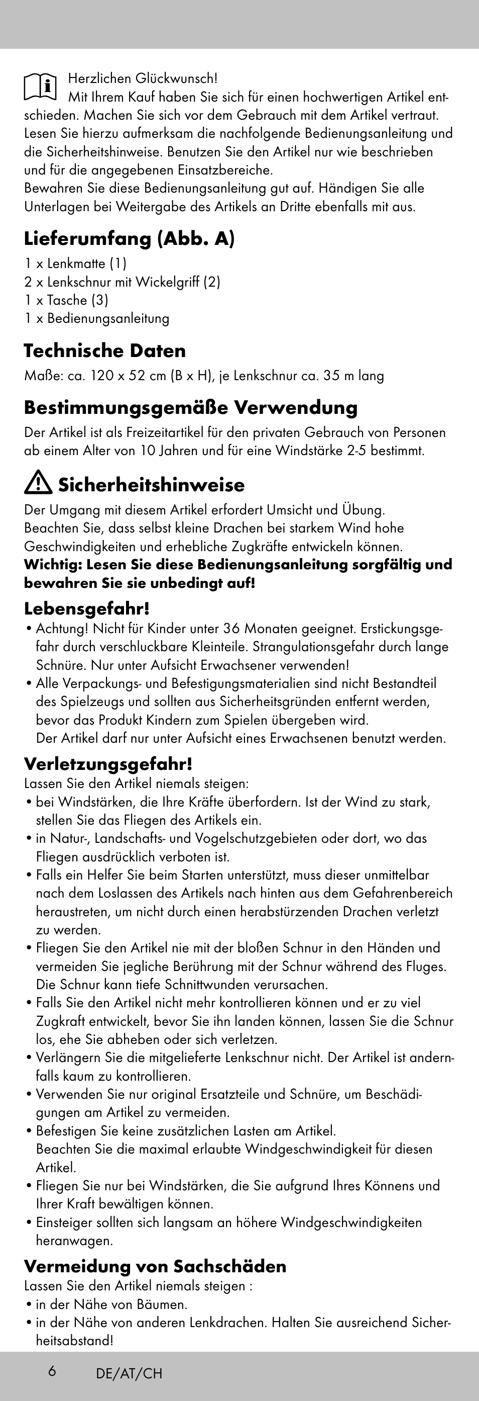 Lieferumfang (abb. a), Technische daten, Bestimmungsgemäße verwendung | Sicherheitshinweise, Lebensgefahr, Verletzungsgefahr, Vermeidung von sachschäden | Playtive KITE StyleD User Manual | Page 6 / 28