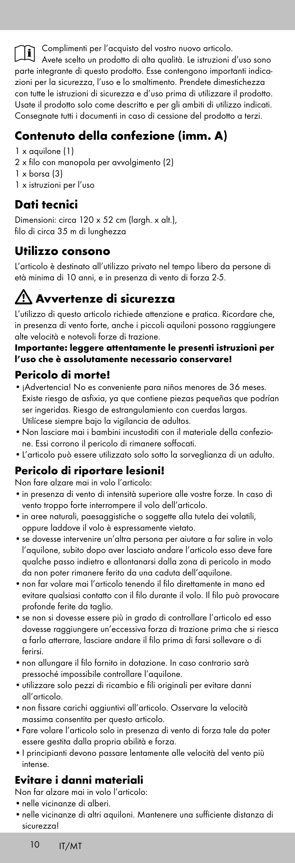 Contenuto della confezione (imm. a), Dati tecnici, Utilizzo consono | Avvertenze di sicurezza, Pericolo di morte, Pericolo di riportare lesioni, Evitare i danni materiali | Playtive KITE StyleD User Manual | Page 10 / 28