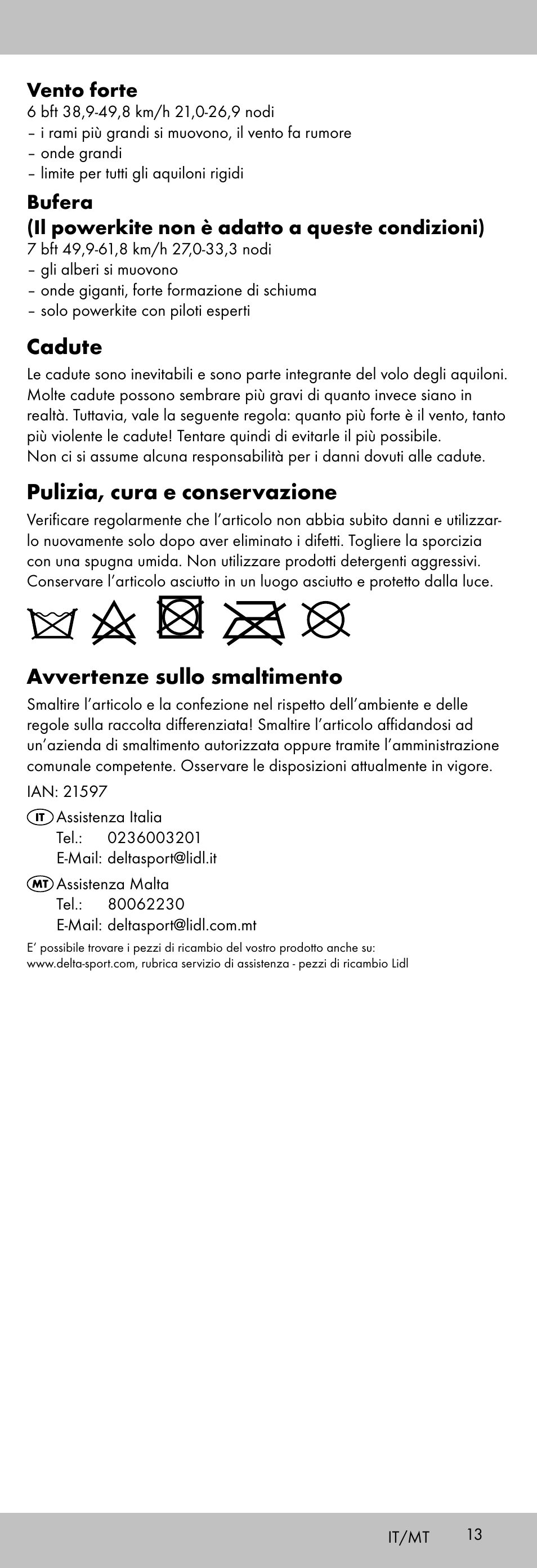 Cadute, Pulizia, cura e conservazione, Avvertenze sullo smaltimento | Vento forte | Playtive KITE StyleD User Manual | Page 13 / 28