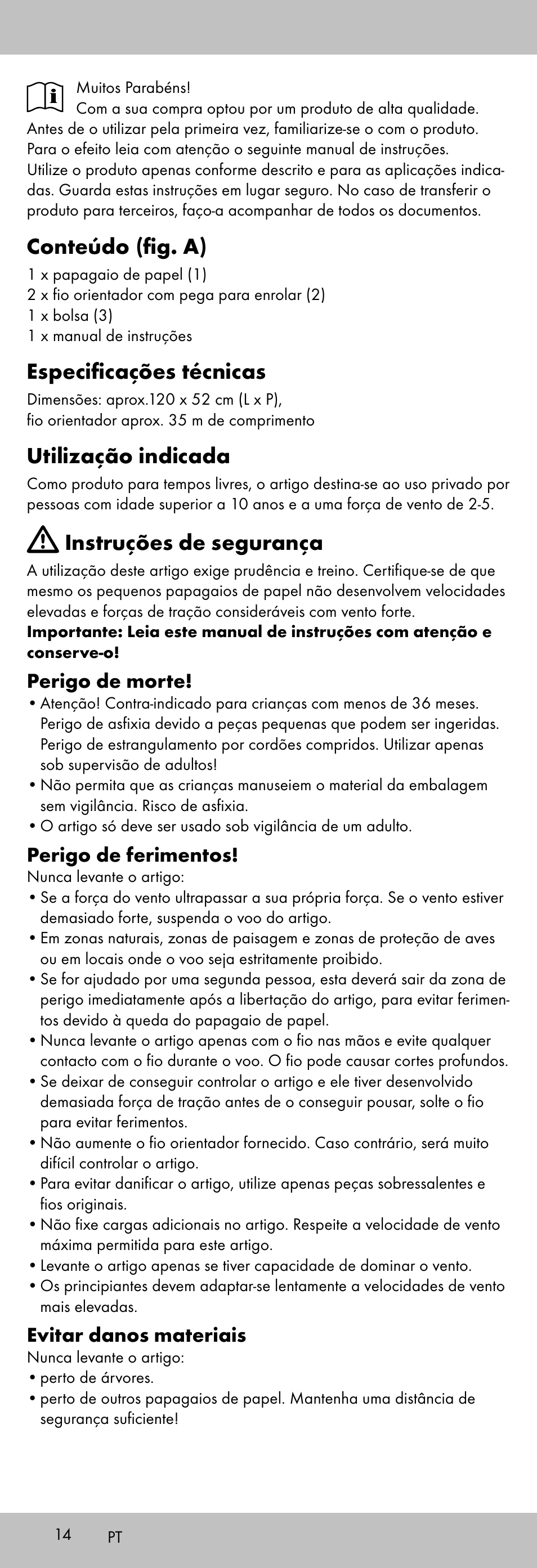 Conteúdo (fig. a), Especificações técnicas, Utilização indicada | Instruções de segurança, Perigo de morte, Perigo de ferimentos, Evitar danos materiais | Playtive KITE StyleD User Manual | Page 14 / 28