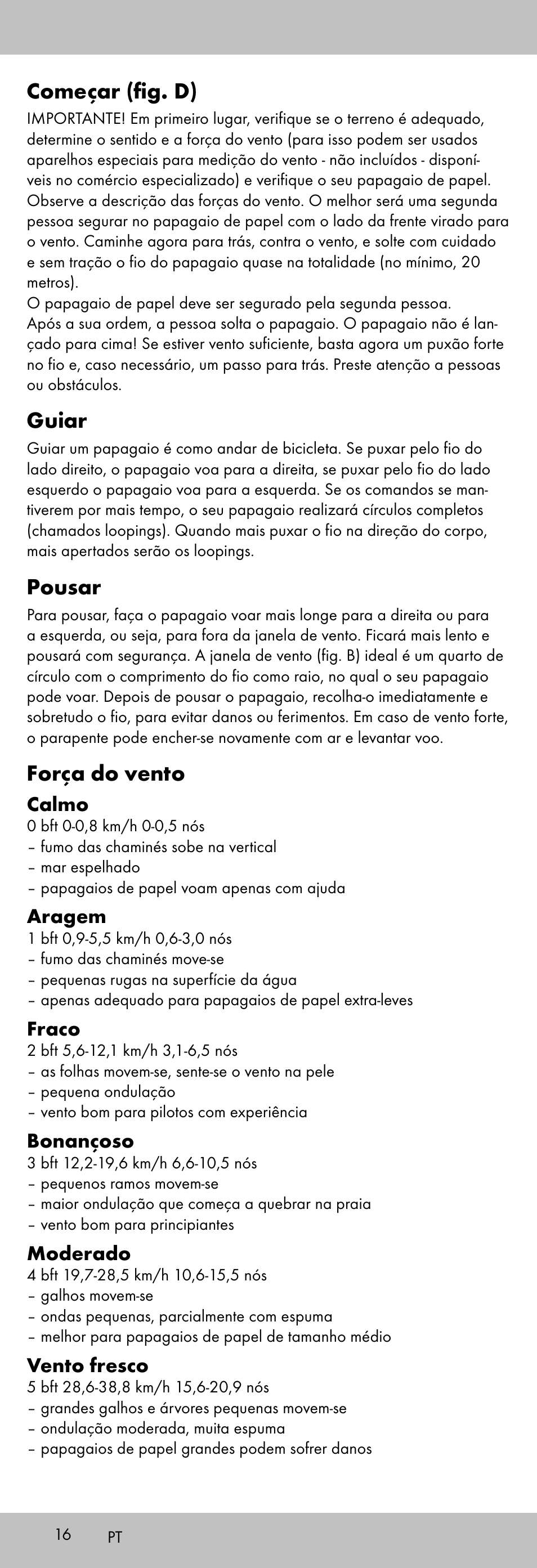 Começar (fig. d), Guiar, Pousar | Força do vento | Playtive KITE StyleD User Manual | Page 16 / 28
