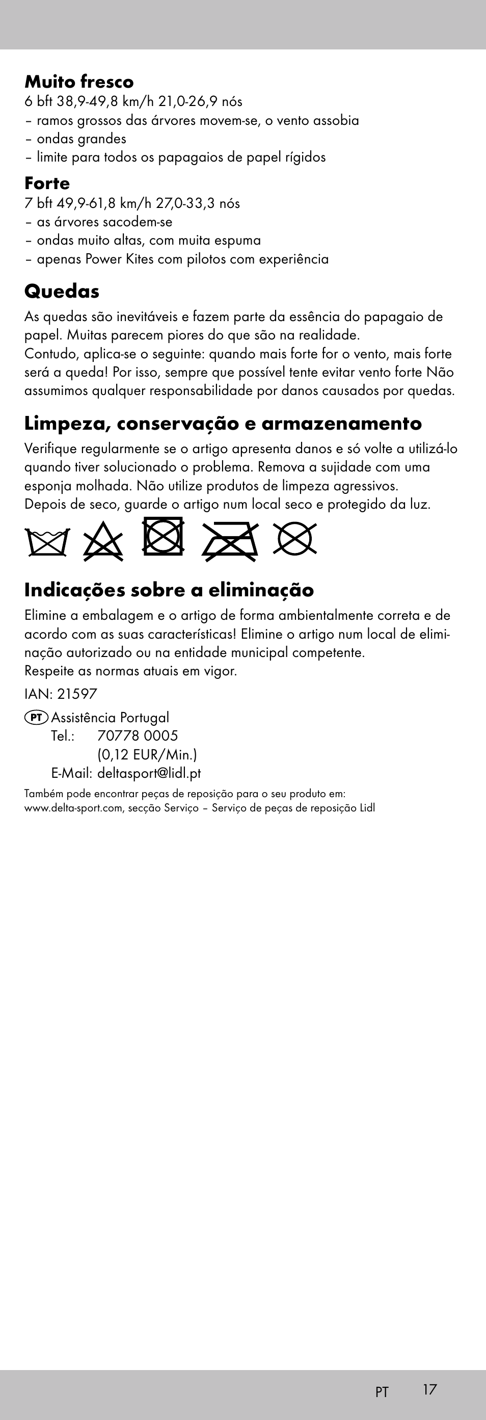 Quedas, Limpeza, conservação e armazenamento, Indicações sobre a eliminação | Muito fresco, Forte | Playtive KITE StyleD User Manual | Page 17 / 28