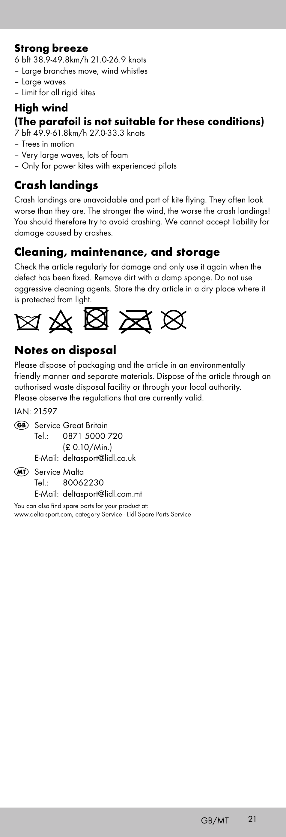 Crash landings, Cleaning, maintenance, and storage, Strong breeze | Playtive KITE StyleD User Manual | Page 21 / 28