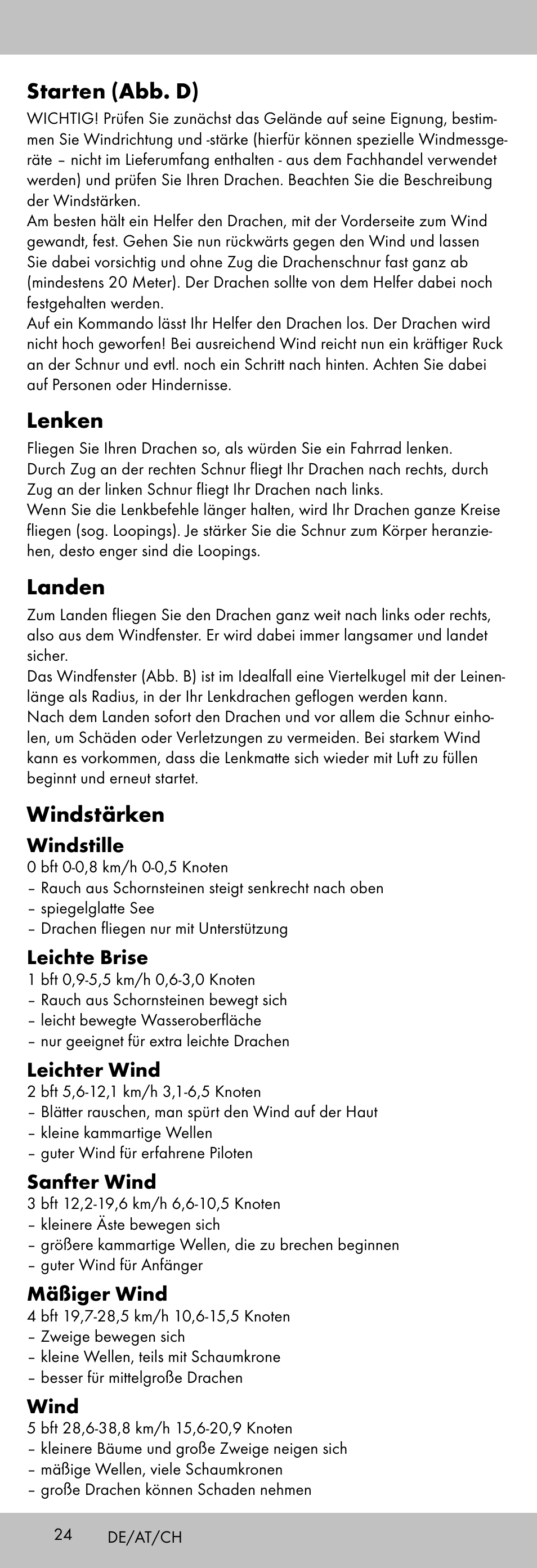 Starten (abb. d), Lenken, Landen | Windstärken | Playtive KITE StyleD User Manual | Page 24 / 28