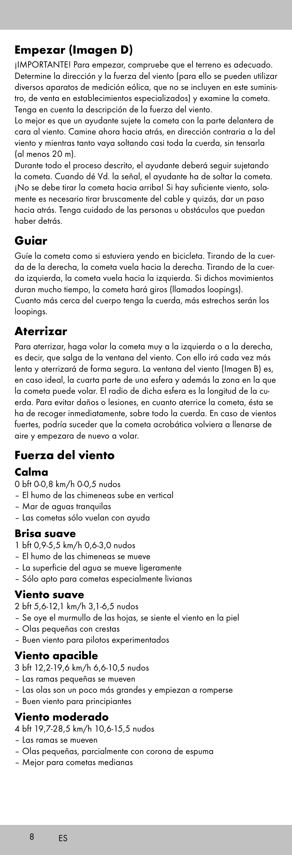 Empezar (imagen d), Guiar, Aterrizar | Fuerza del viento | Playtive KITE StyleD User Manual | Page 8 / 28