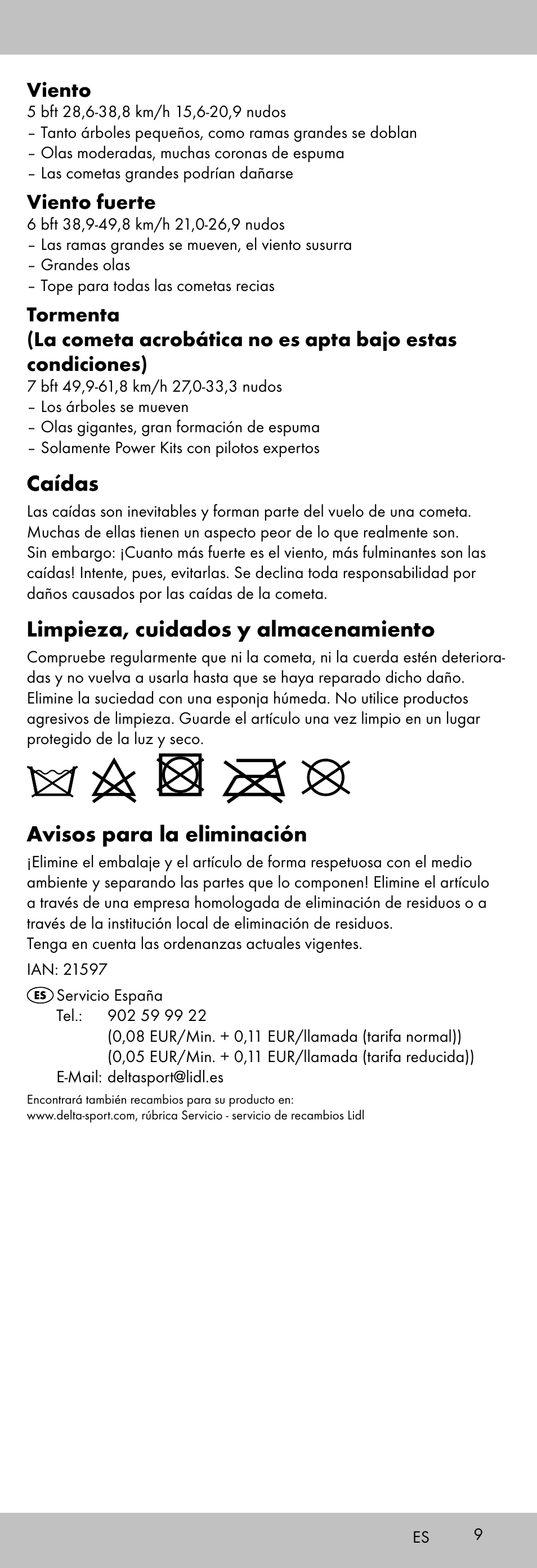 Caídas, Limpieza, cuidados y almacenamiento, Avisos para la eliminación | Viento, Viento fuerte | Playtive KITE StyleD User Manual | Page 9 / 28