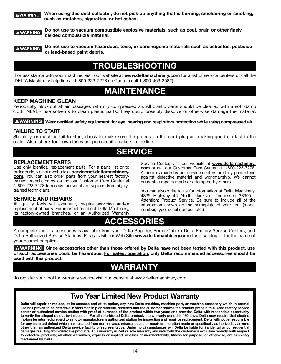 Troubleshooting, Maintenance, Accessories | Service warranty, Two year limited new product warranty | Delta A15097 User Manual | Page 14 / 40