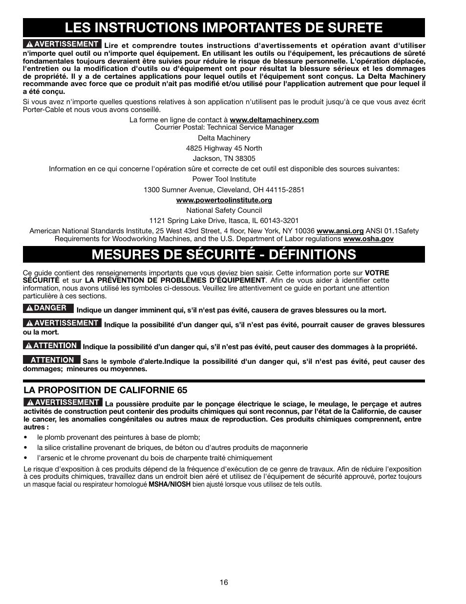 Mesures de sécurité - définitions, Les instructions importantes de surete | Delta A15097 User Manual | Page 16 / 40