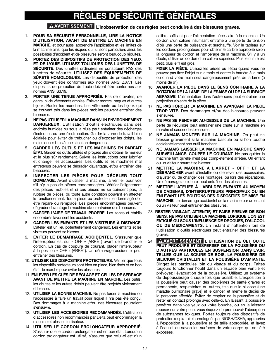 Règles de sécurité générales | Delta A15097 User Manual | Page 17 / 40