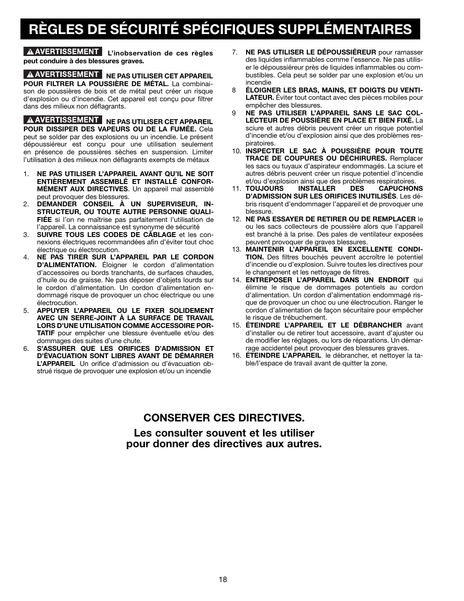 Règles de sécurité spécifiques supplémentaires | Delta A15097 User Manual | Page 18 / 40