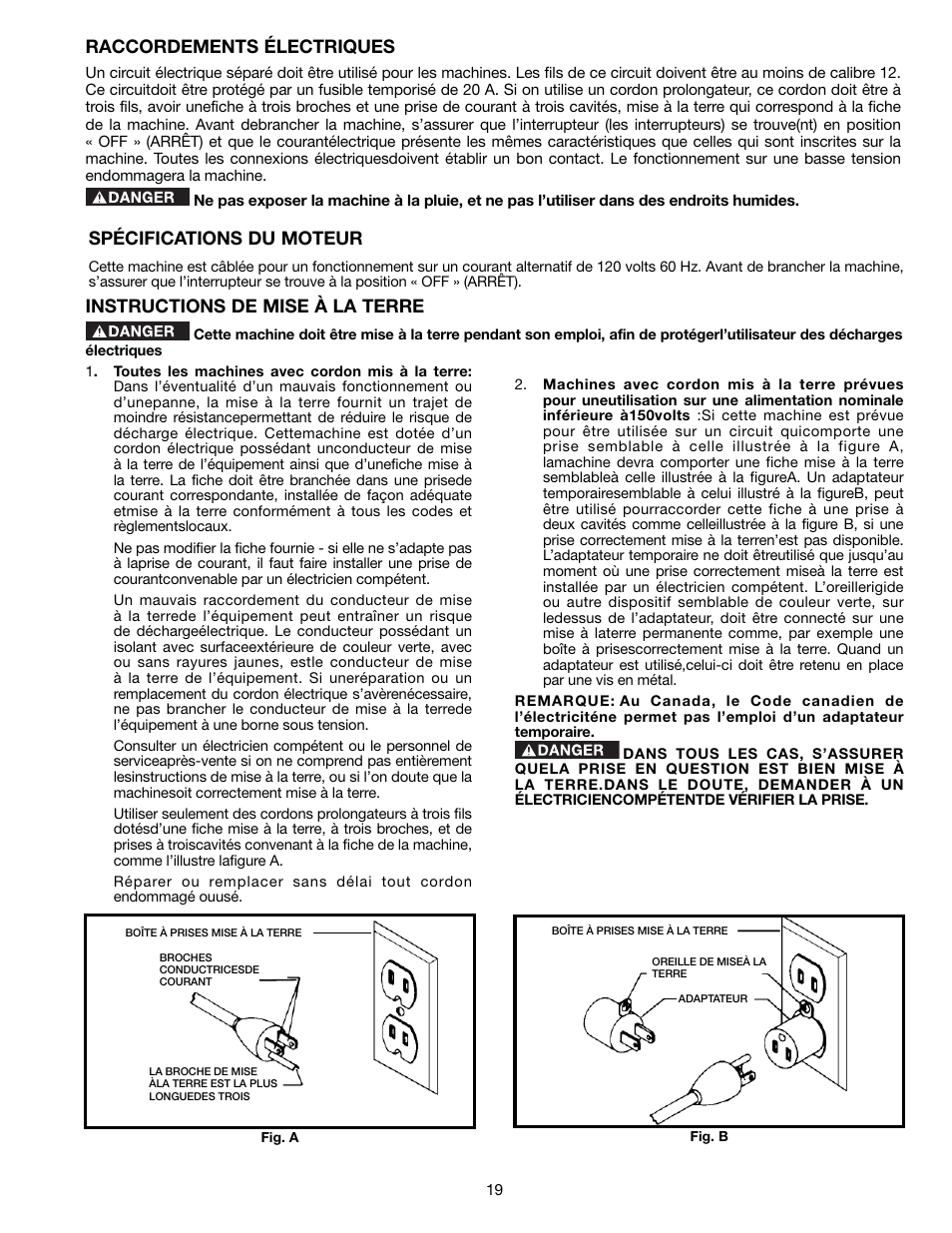 Raccordements électriques, Instructions de mise à la terre, Spécifications du moteur | Delta A15097 User Manual | Page 19 / 40