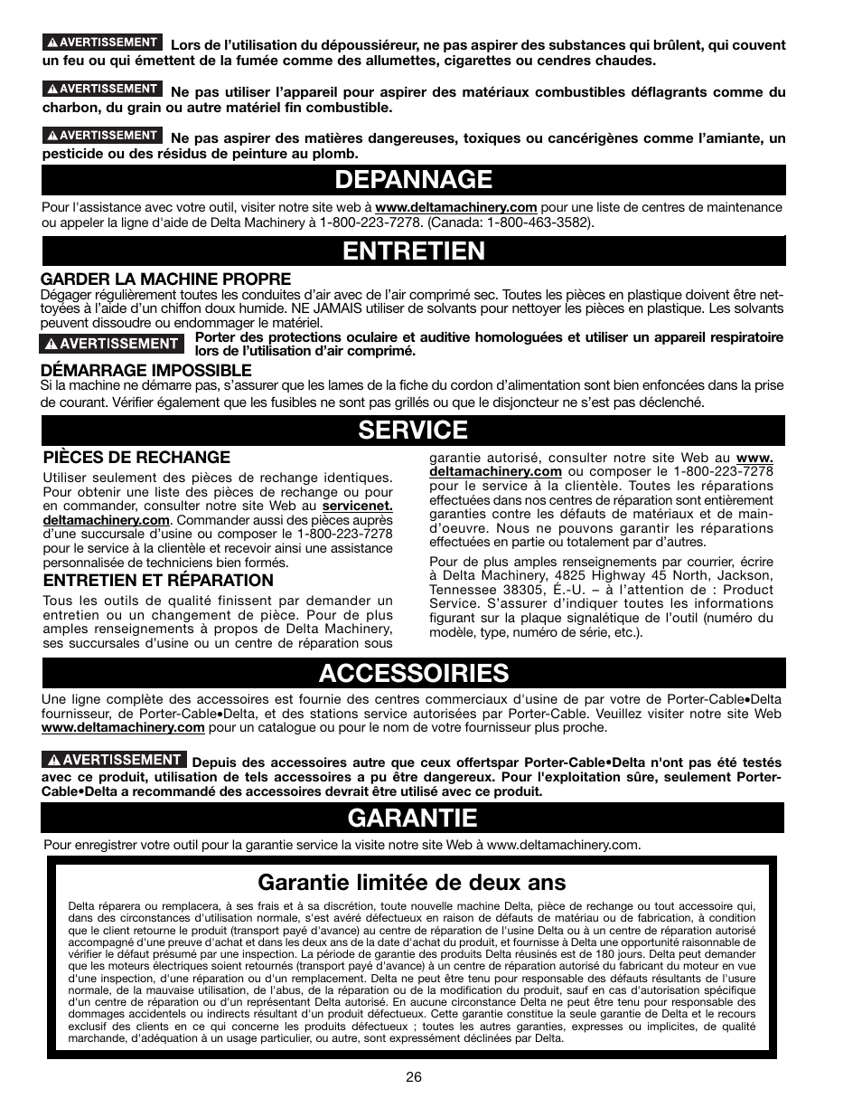 Entretien depannage, Accessoiries, Service | Garantie, Garantie limitée de deux ans | Delta A15097 User Manual | Page 26 / 40