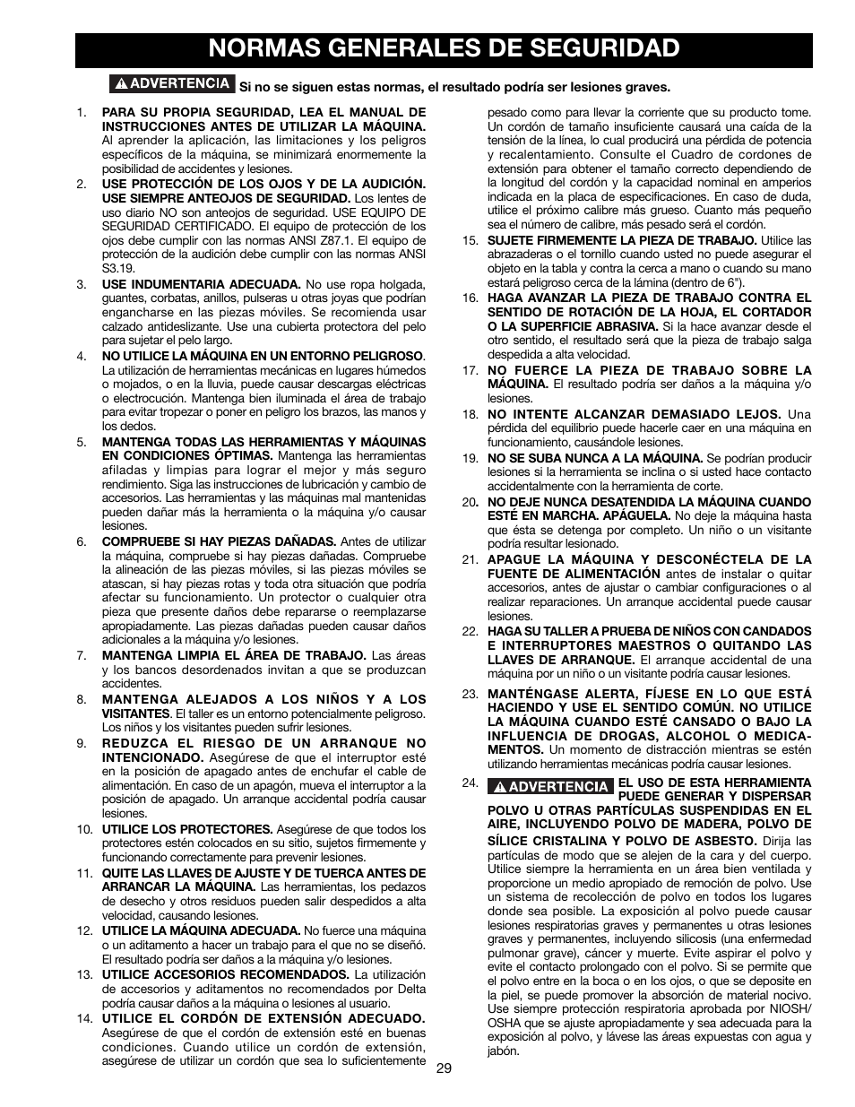 Normas generales de seguridad | Delta A15097 User Manual | Page 29 / 40