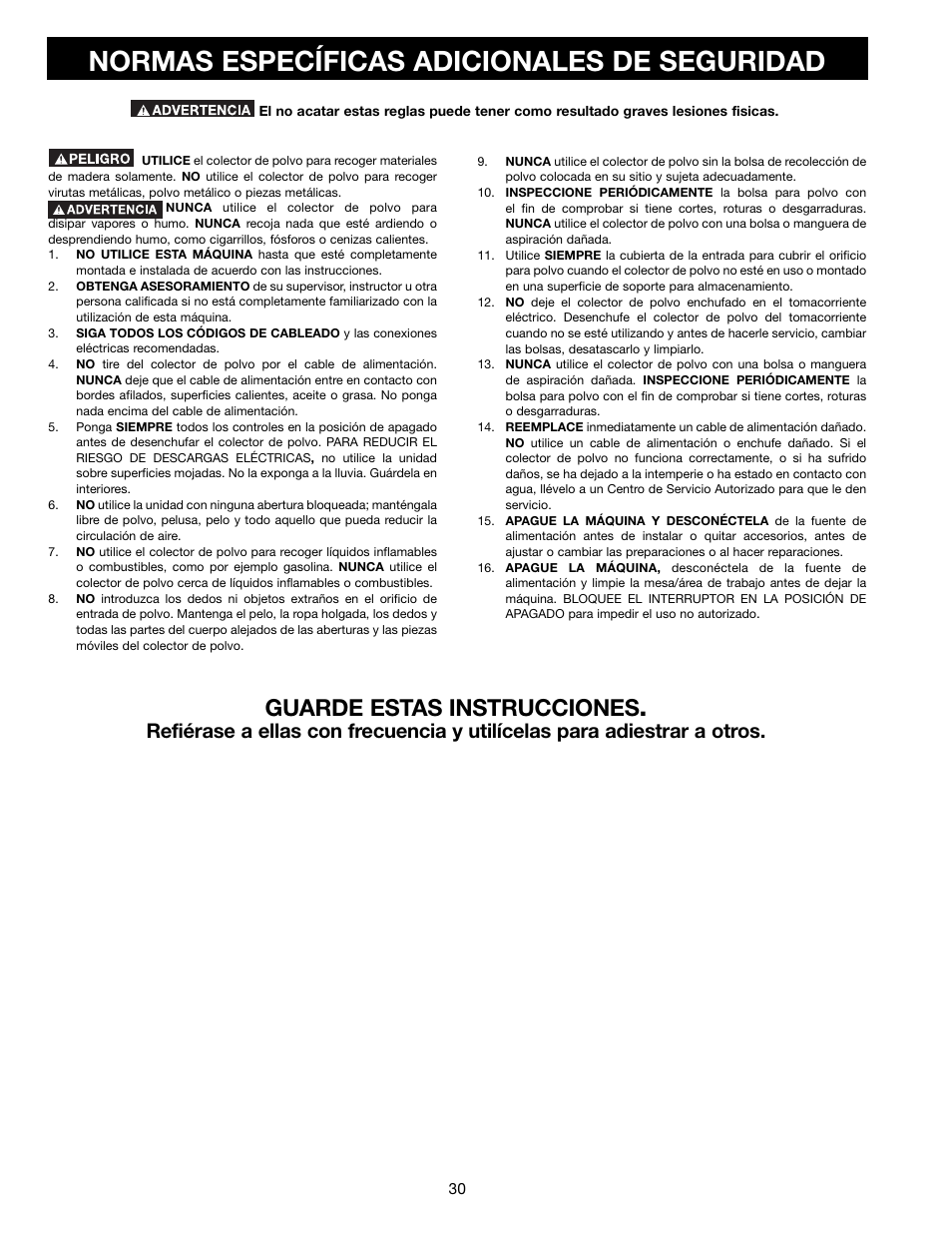 Normas específicas adicionales de seguridad, Guarde estas instrucciones | Delta A15097 User Manual | Page 30 / 40