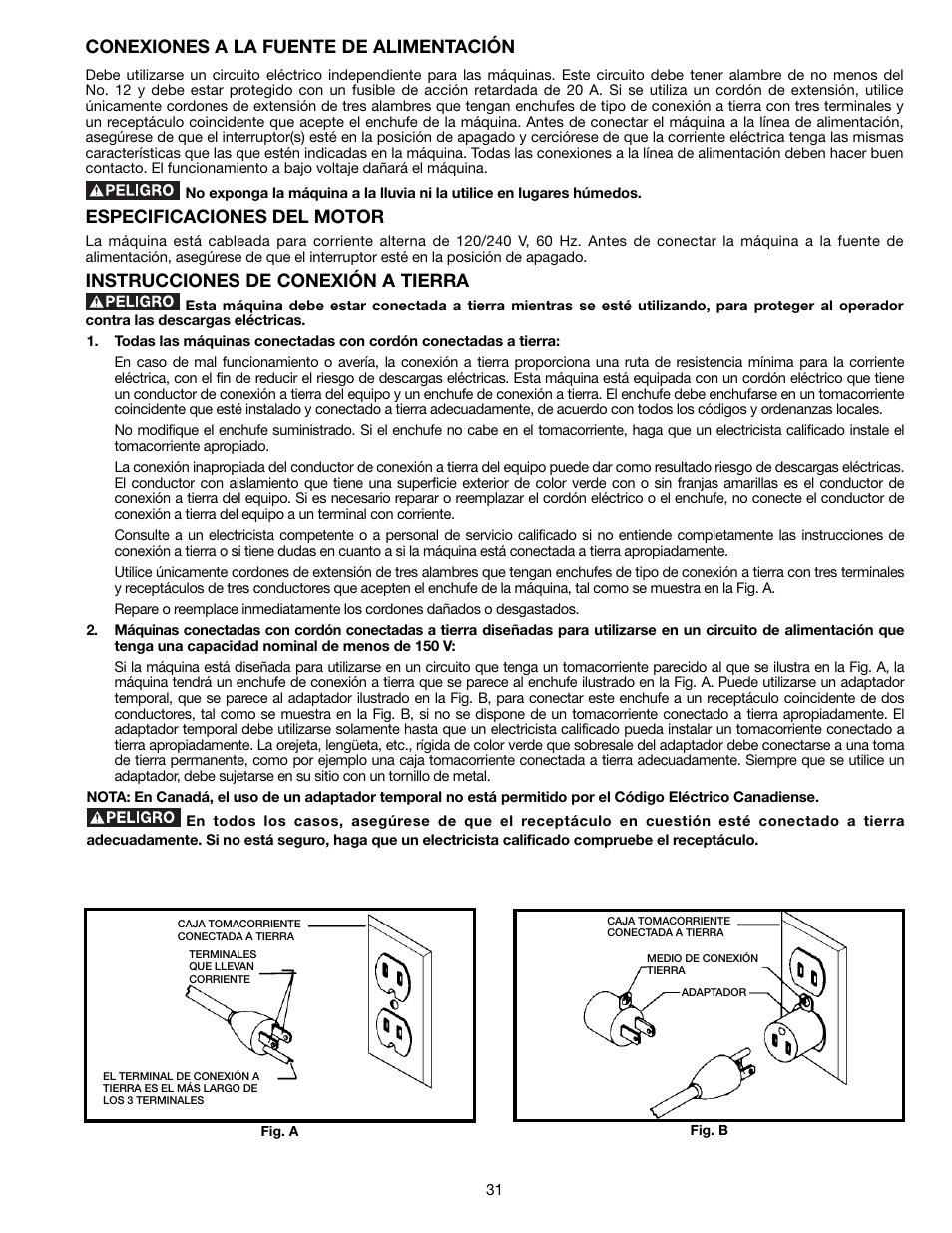 Conexiones a la fuente de alimentación, Especificaciones del motor, Instrucciones de conexión a tierra | Delta A15097 User Manual | Page 31 / 40