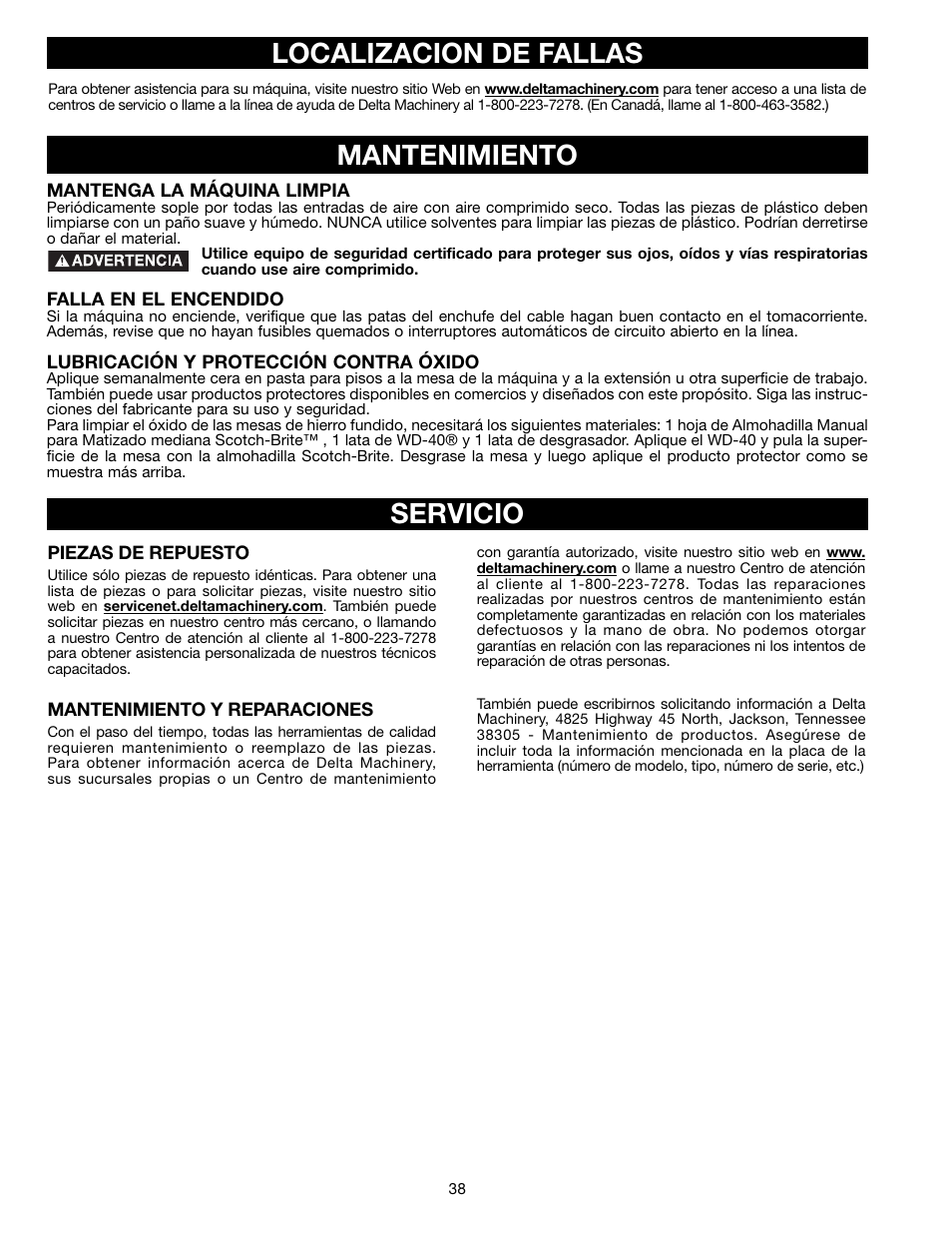 Mantenimiento localizacion de fallas, Servicio | Delta A15097 User Manual | Page 38 / 40