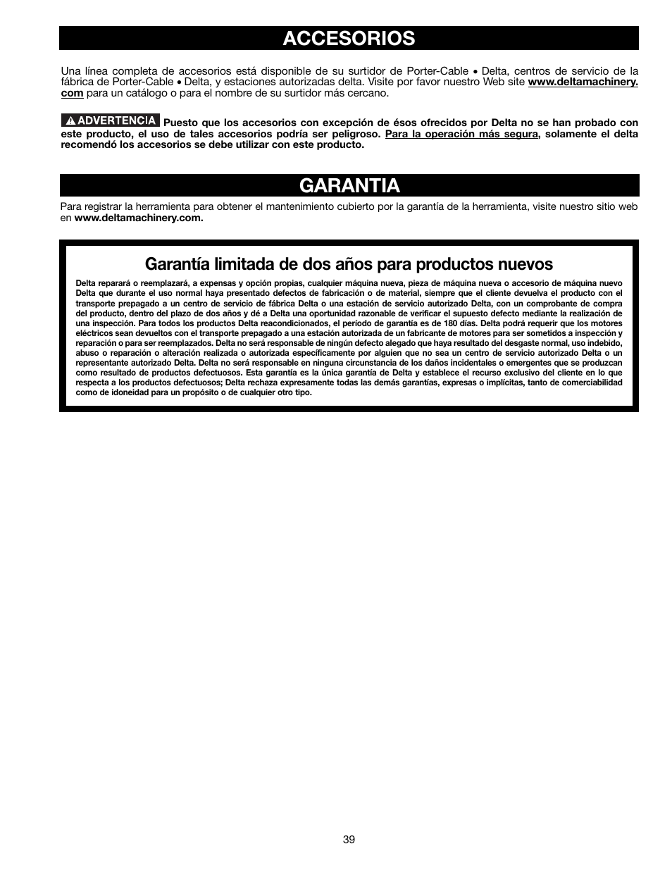 Garantia, Accesorios | Delta A15097 User Manual | Page 39 / 40