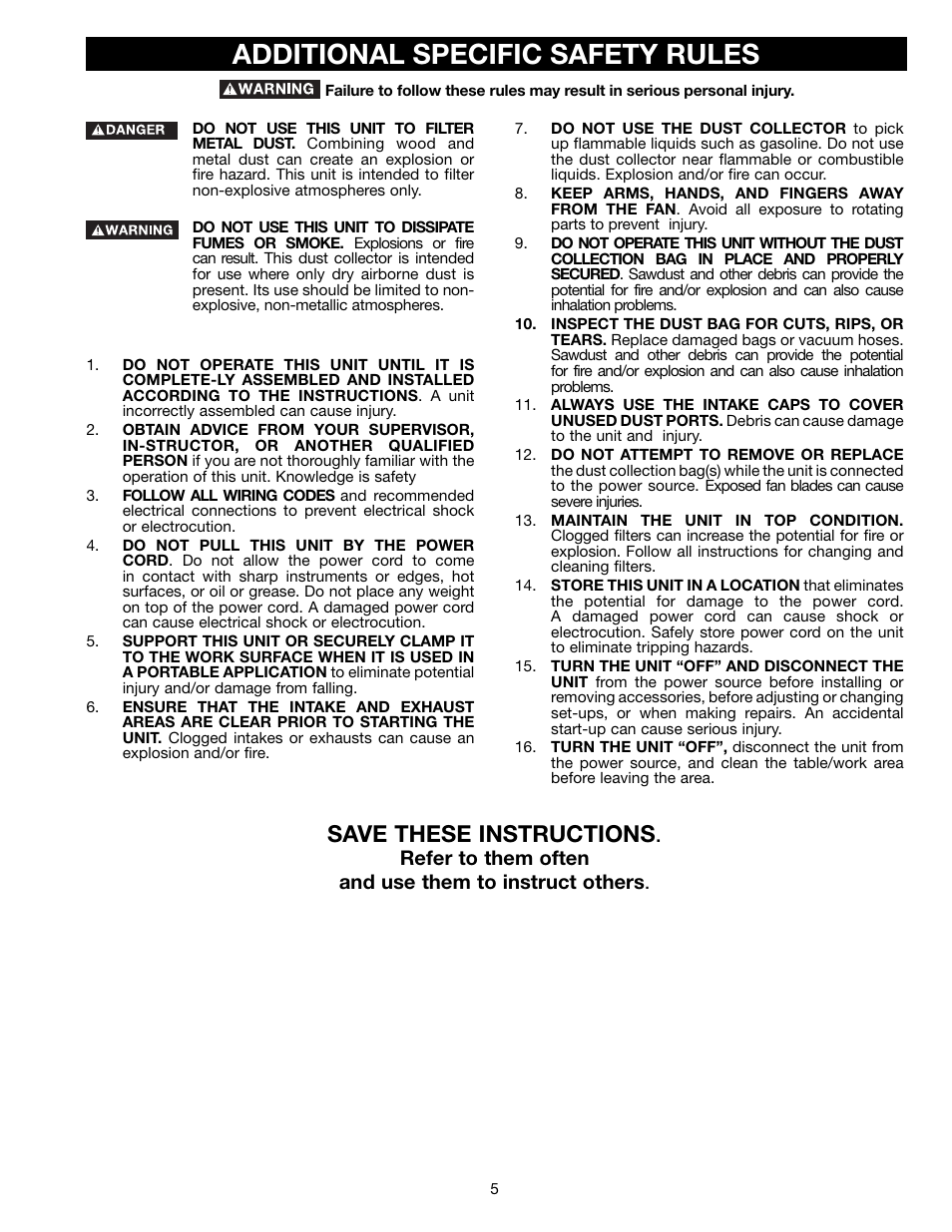 Additional specific safety rules, Save these instructions | Delta A15097 User Manual | Page 5 / 40