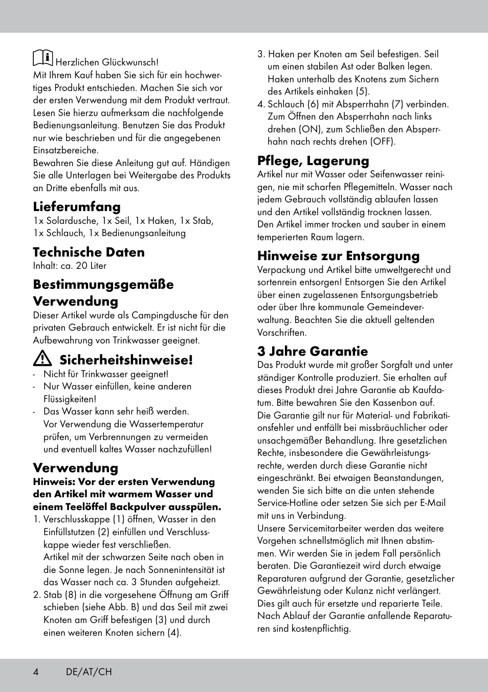 Lieferumfang, Technische daten, Bestimmungsgemäße verwendung | Sicherheitshinweise, Verwendung, Pflege, lagerung, Hinweise zur entsorgung, 3 jahre garantie | Rocktrail Solar-Powered Shower User Manual | Page 4 / 16