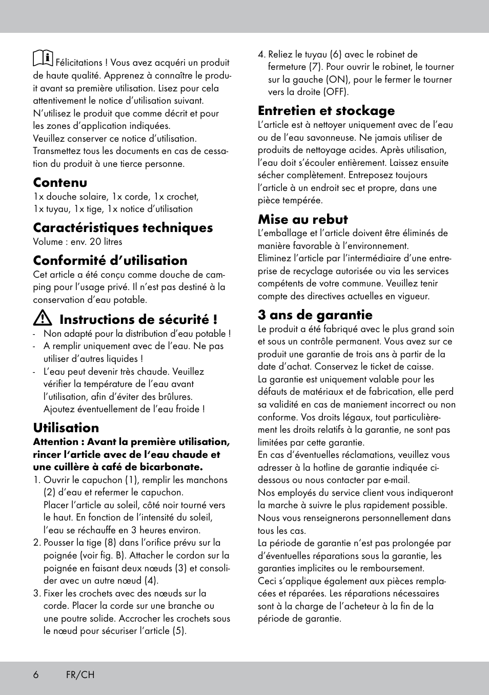 Contenu, Caractéristiques techniques, Conformité d’utilisation | Instructions de sécurité, Utilisation, Entretien et stockage, Mise au rebut, 3 ans de garantie | Rocktrail Solar-Powered Shower User Manual | Page 6 / 16