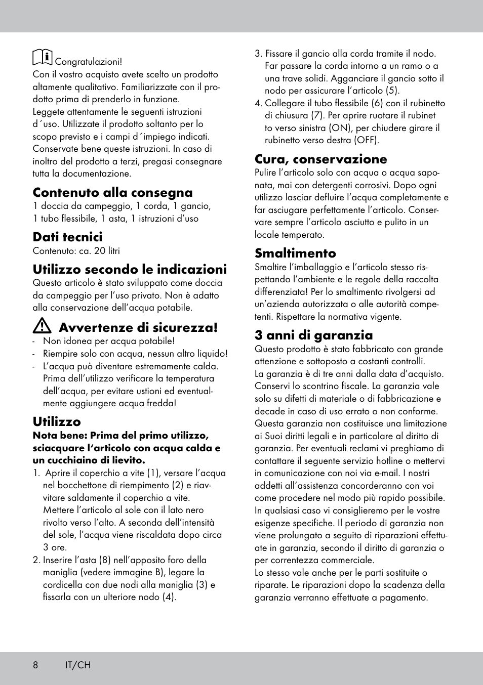 Contenuto alla consegna, Dati tecnici, Utilizzo secondo le indicazioni | Avvertenze di sicurezza, Utilizzo, Cura, conservazione, Smaltimento, 3 anni di garanzia | Rocktrail Solar-Powered Shower User Manual | Page 8 / 16