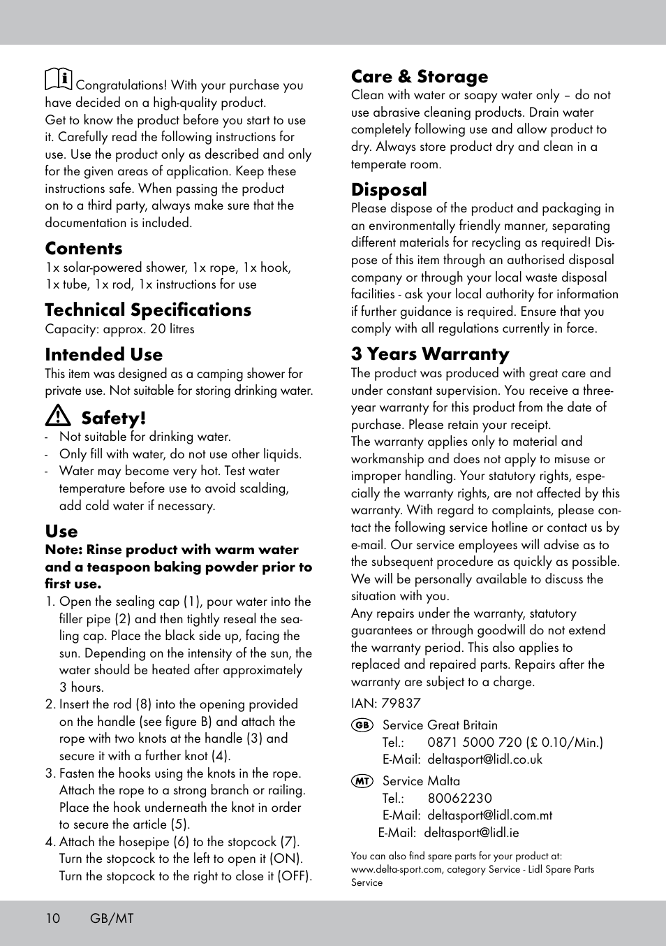 Rocktrail Solar-Powered Shower User Manual | Page 10 / 16