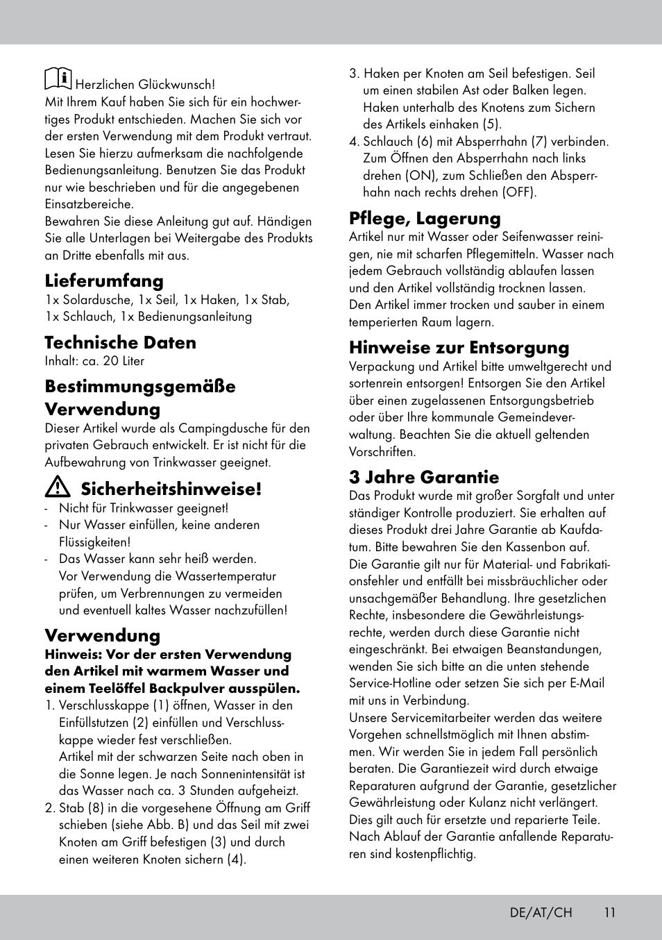 Lieferumfang, Technische daten, Bestimmungsgemäße verwendung | Sicherheitshinweise, Verwendung, Pflege, lagerung, Hinweise zur entsorgung, 3 jahre garantie | Rocktrail Solar-Powered Shower User Manual | Page 11 / 16